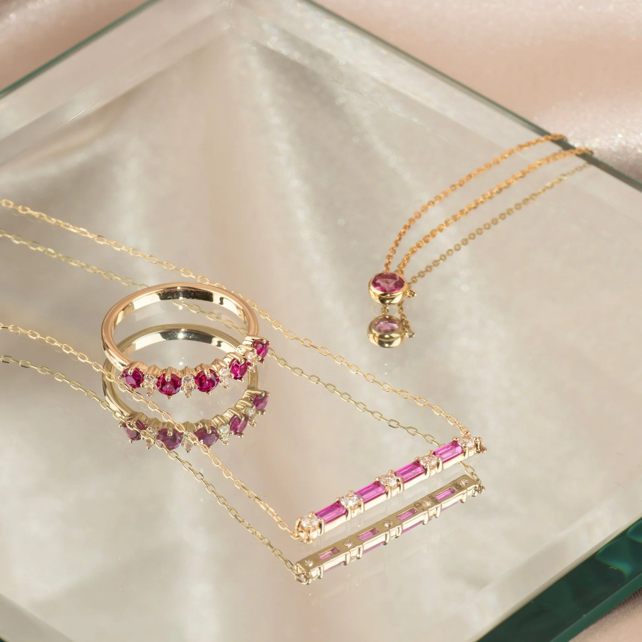Yellow Gold Pink Tourmaline Bezel Station Necklace - Image 4