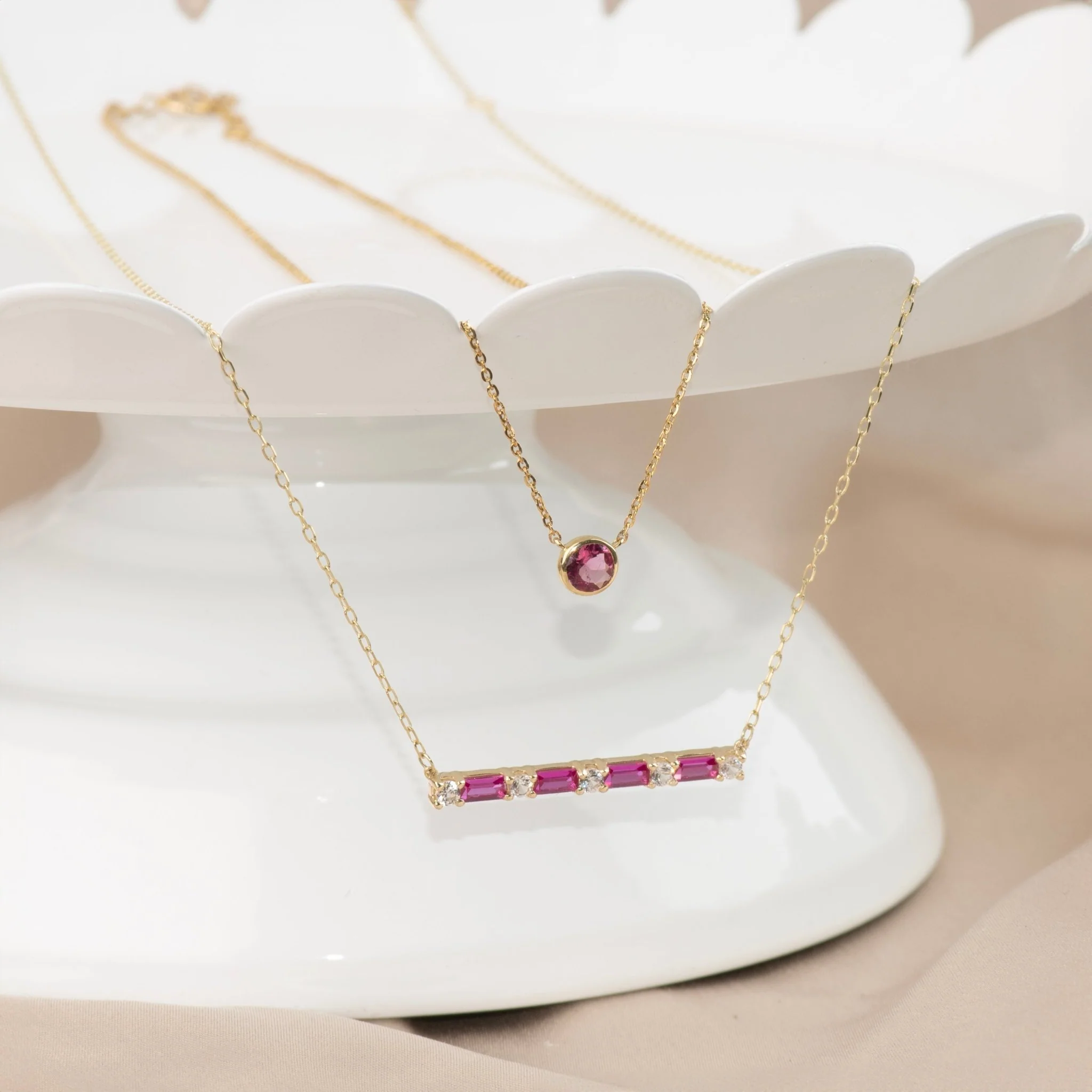 Yellow Gold Pink Tourmaline Bezel Station Necklace - Image 5