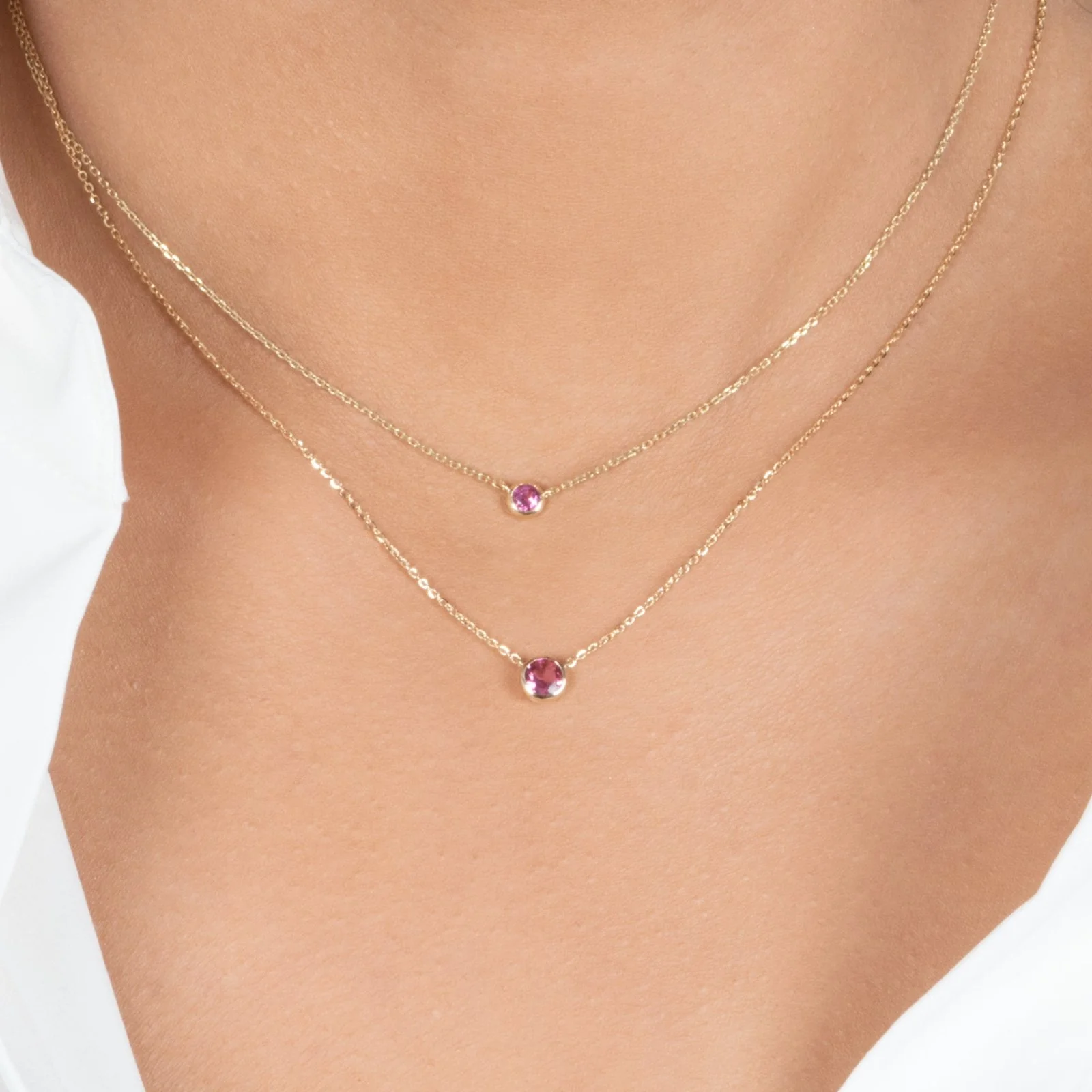 Yellow Gold Pink Tourmaline Bezel Station Necklace - Image 7