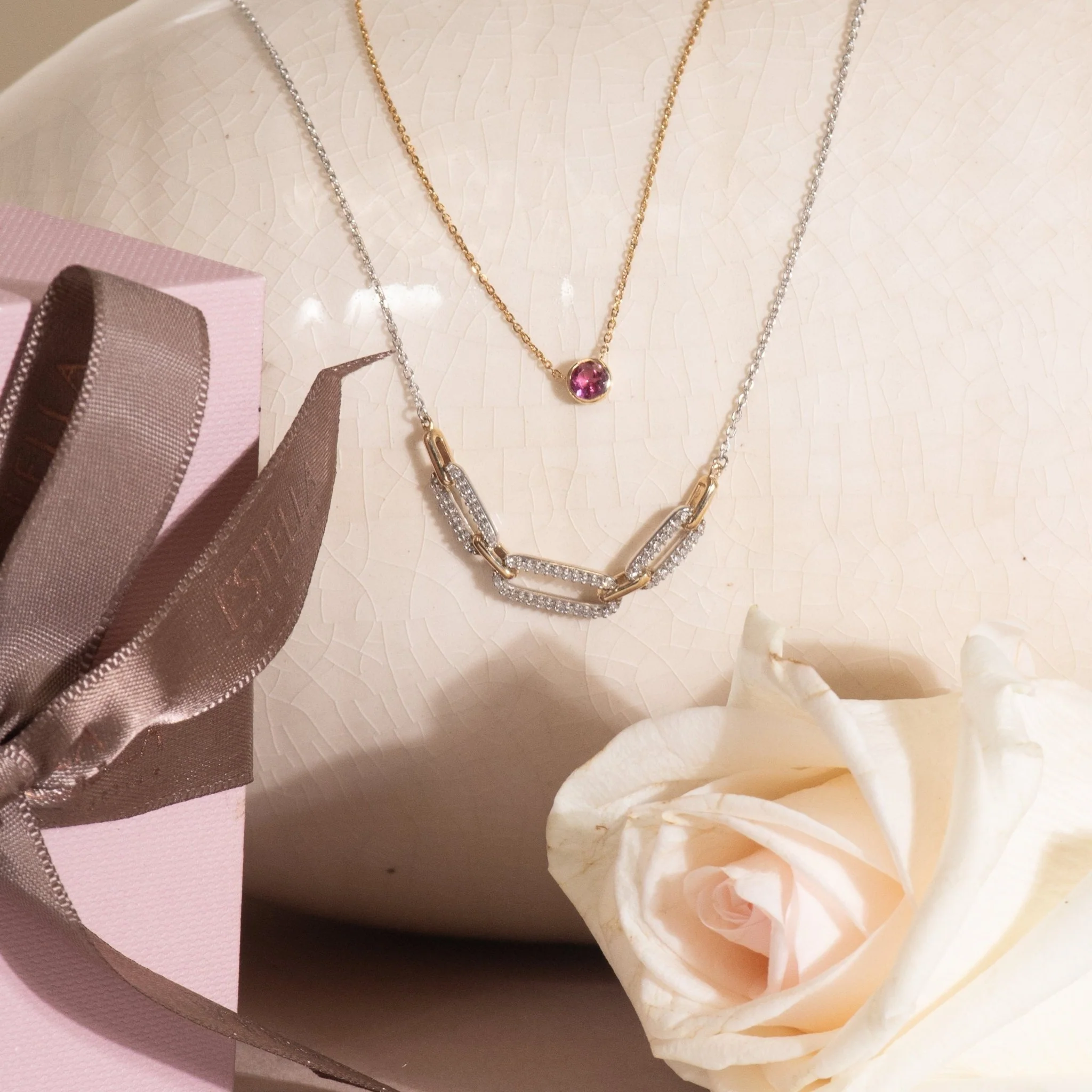 Yellow Gold Pink Tourmaline Bezel Station Necklace - Image 9