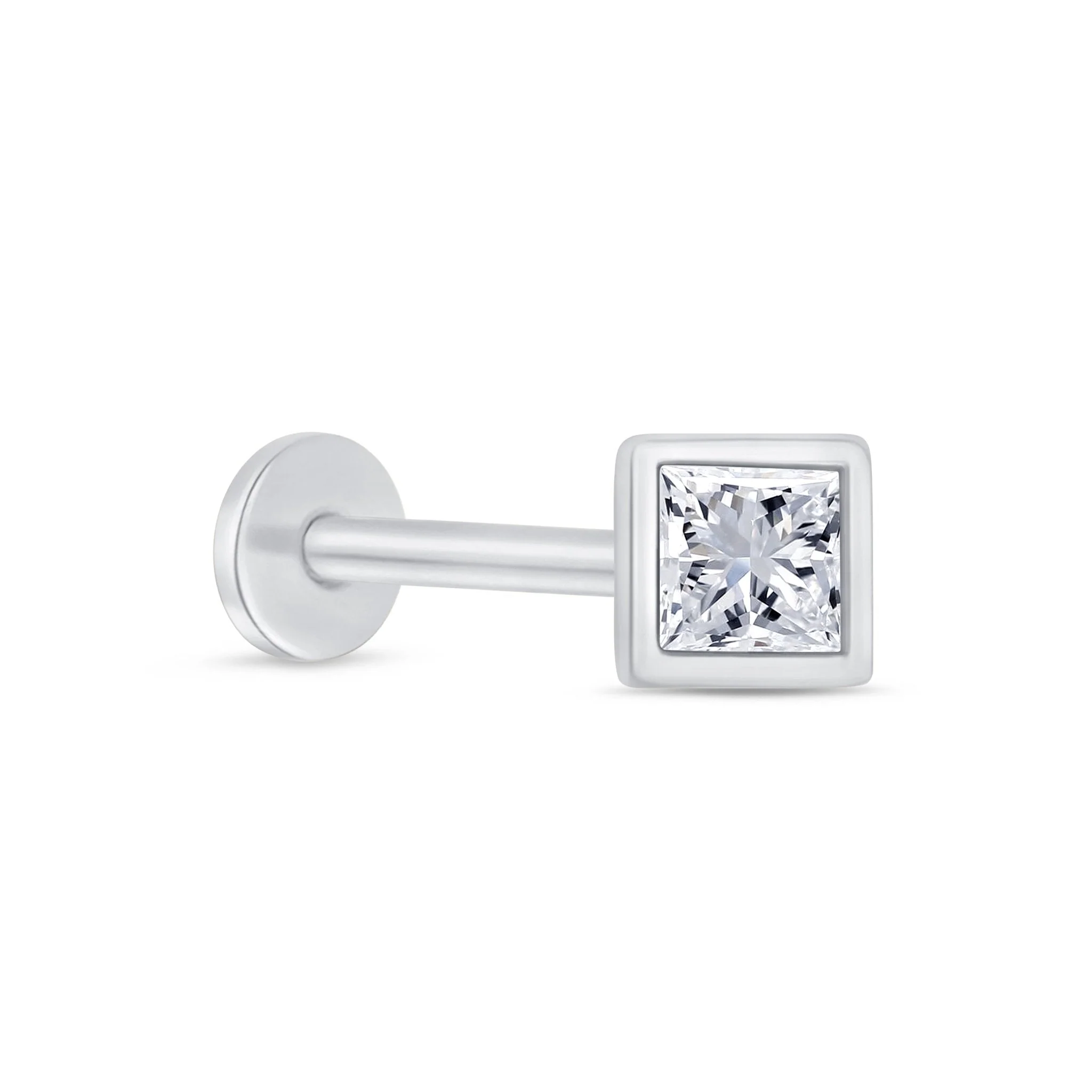 White Gold Princess Cut Bezel Flat Back Earring