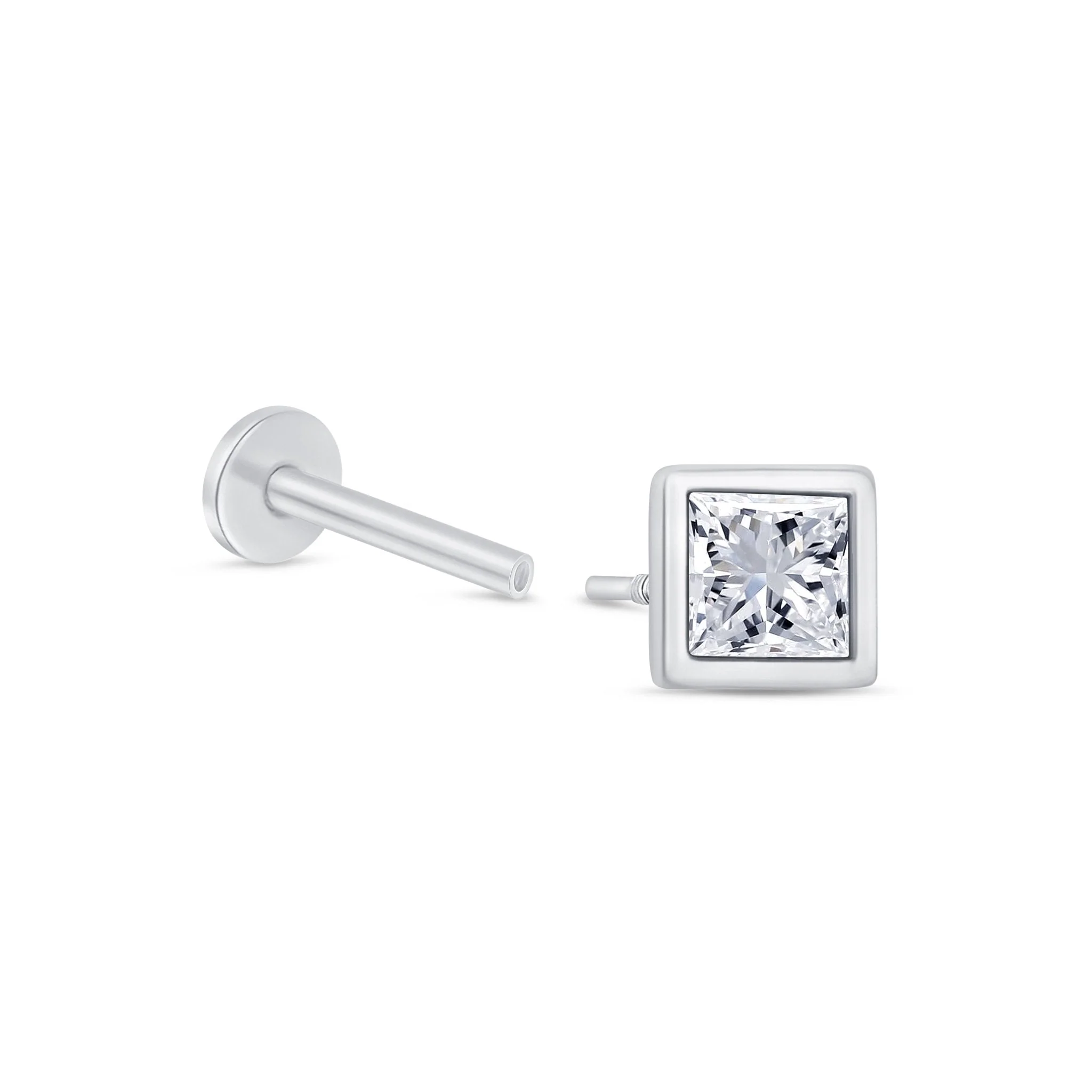 White Gold Princess Cut Bezel Flat Back Earring - Image 4