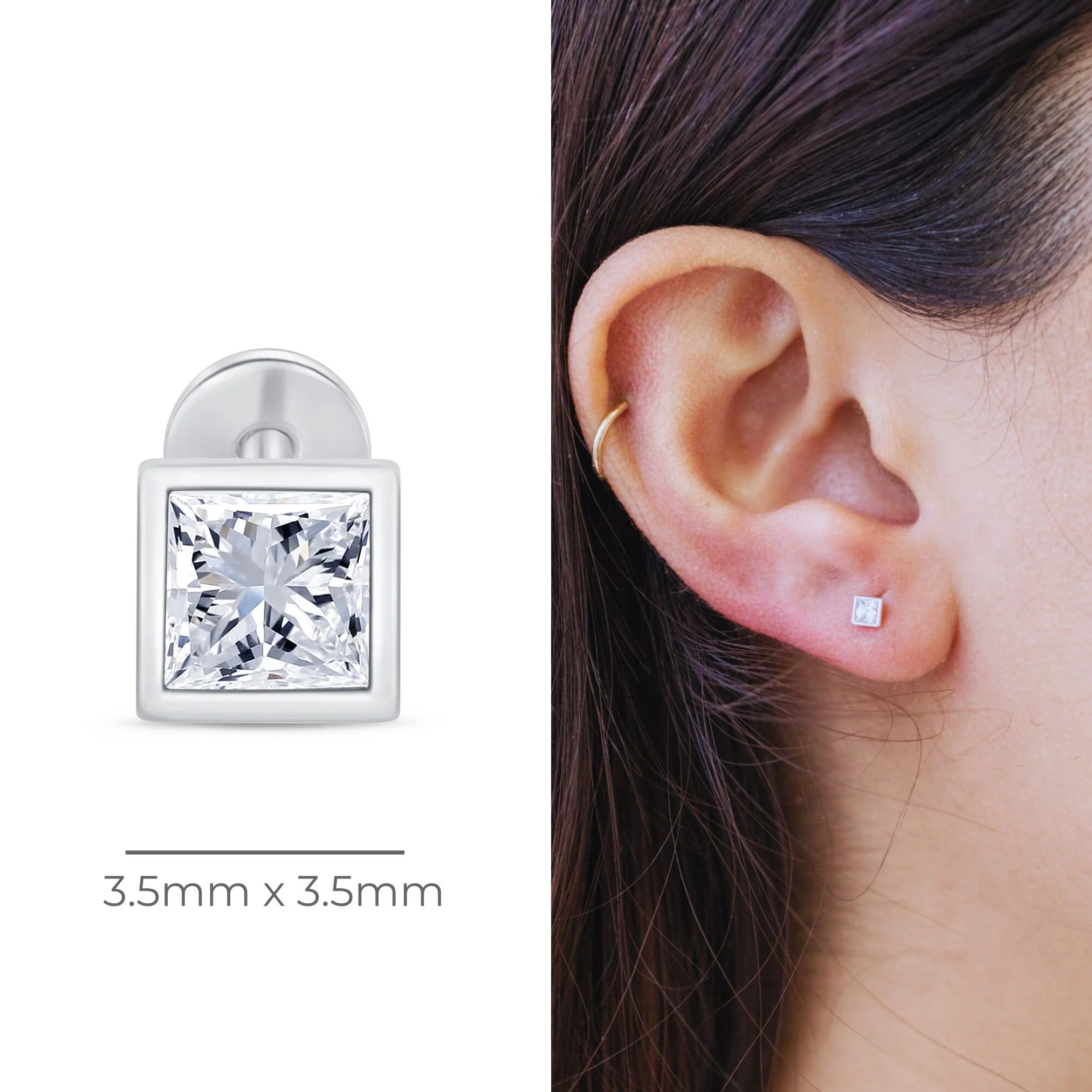White Gold Princess Cut Bezel Flat Back Earring - Image 5