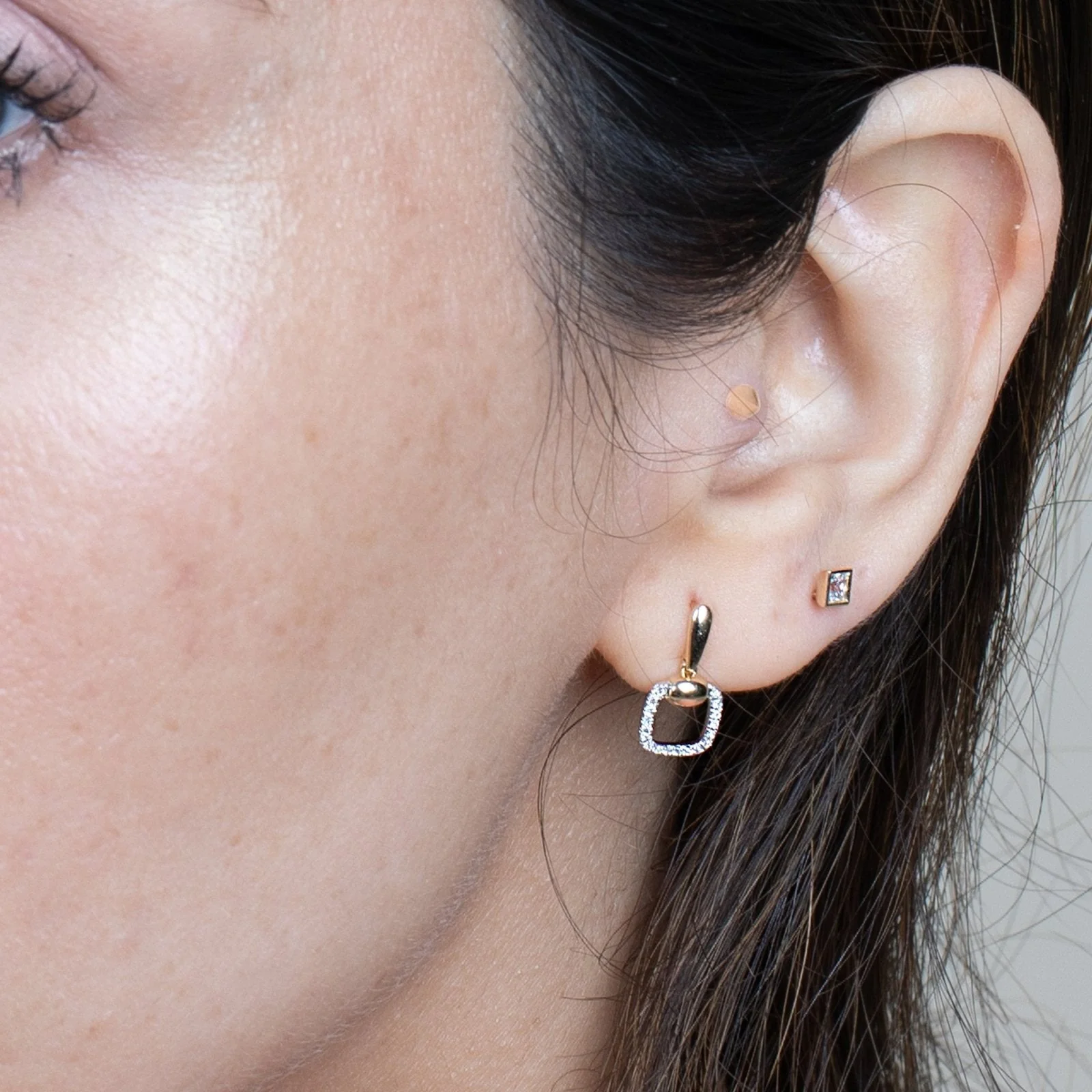 Yellow Gold Princess Cut Bezel Flat Back Earring - Image 2