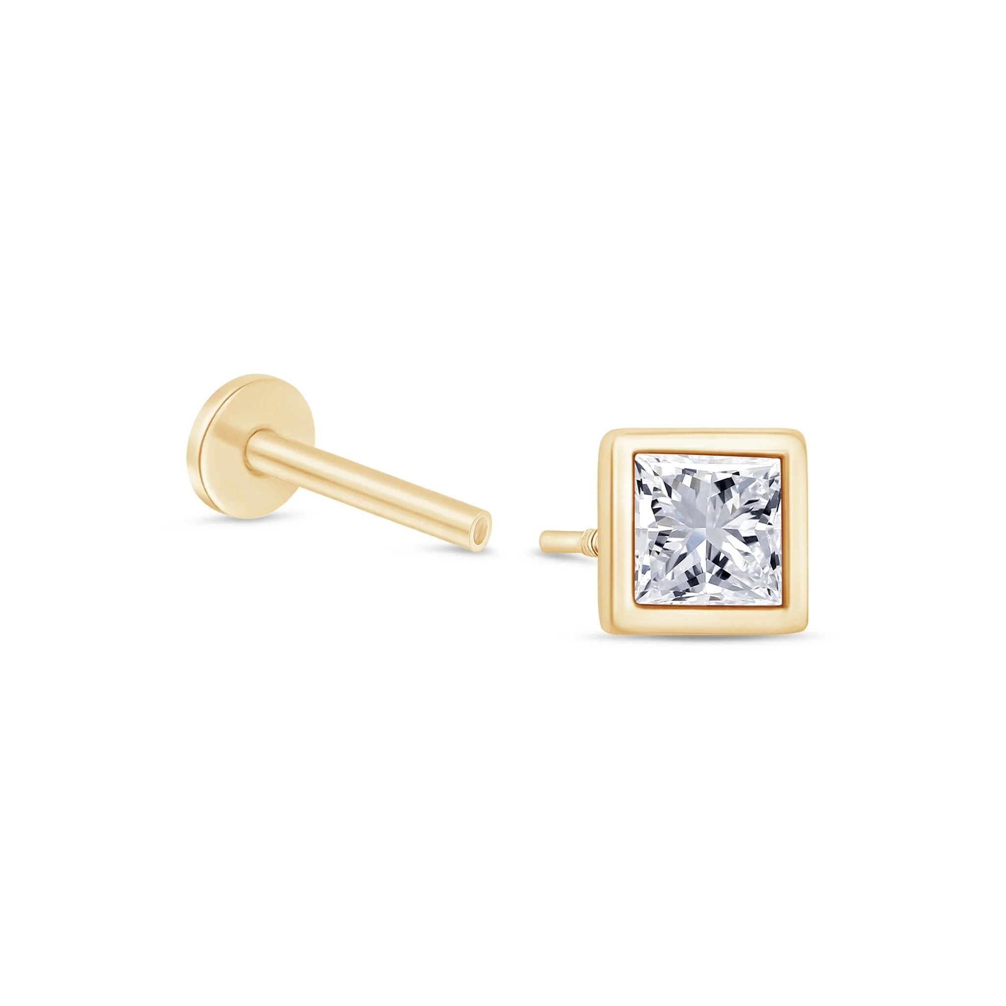 Yellow Gold Princess Cut Bezel Flat Back Earring - Image 5