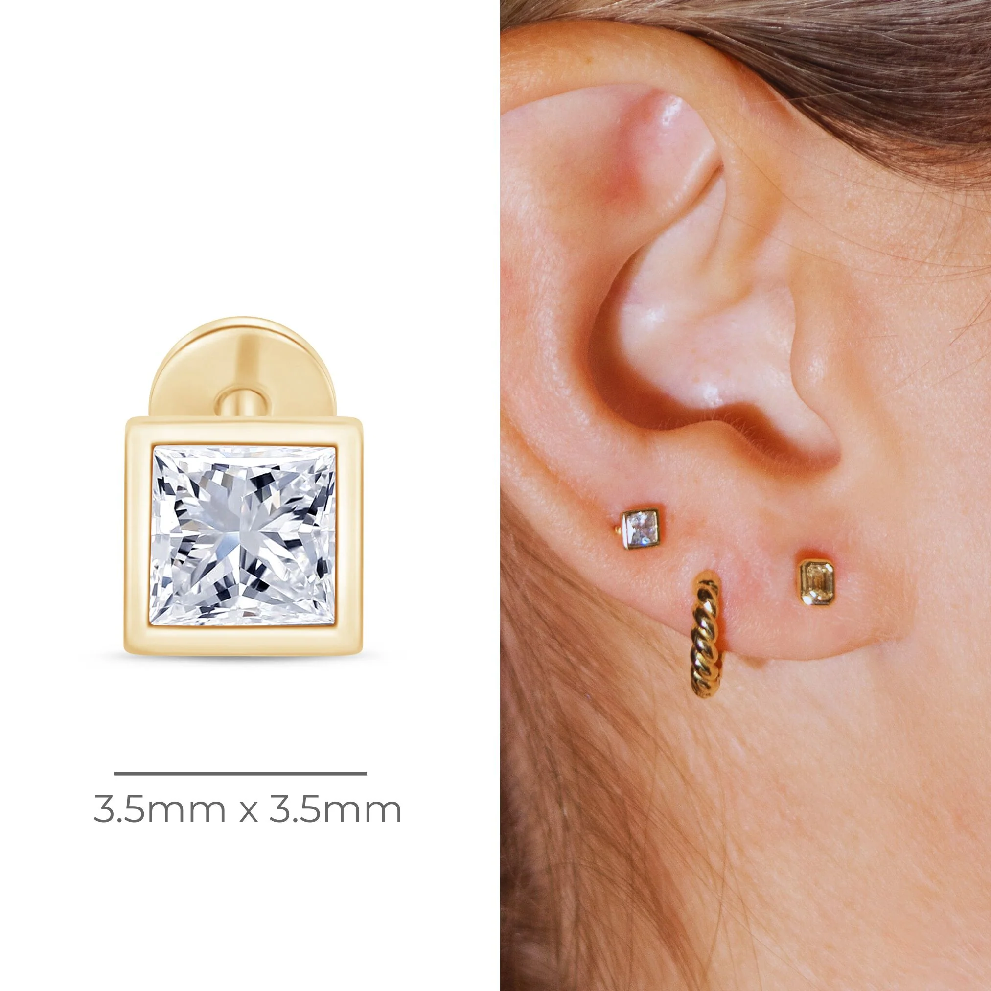 Yellow Gold Princess Cut Bezel Flat Back Earring - Image 6