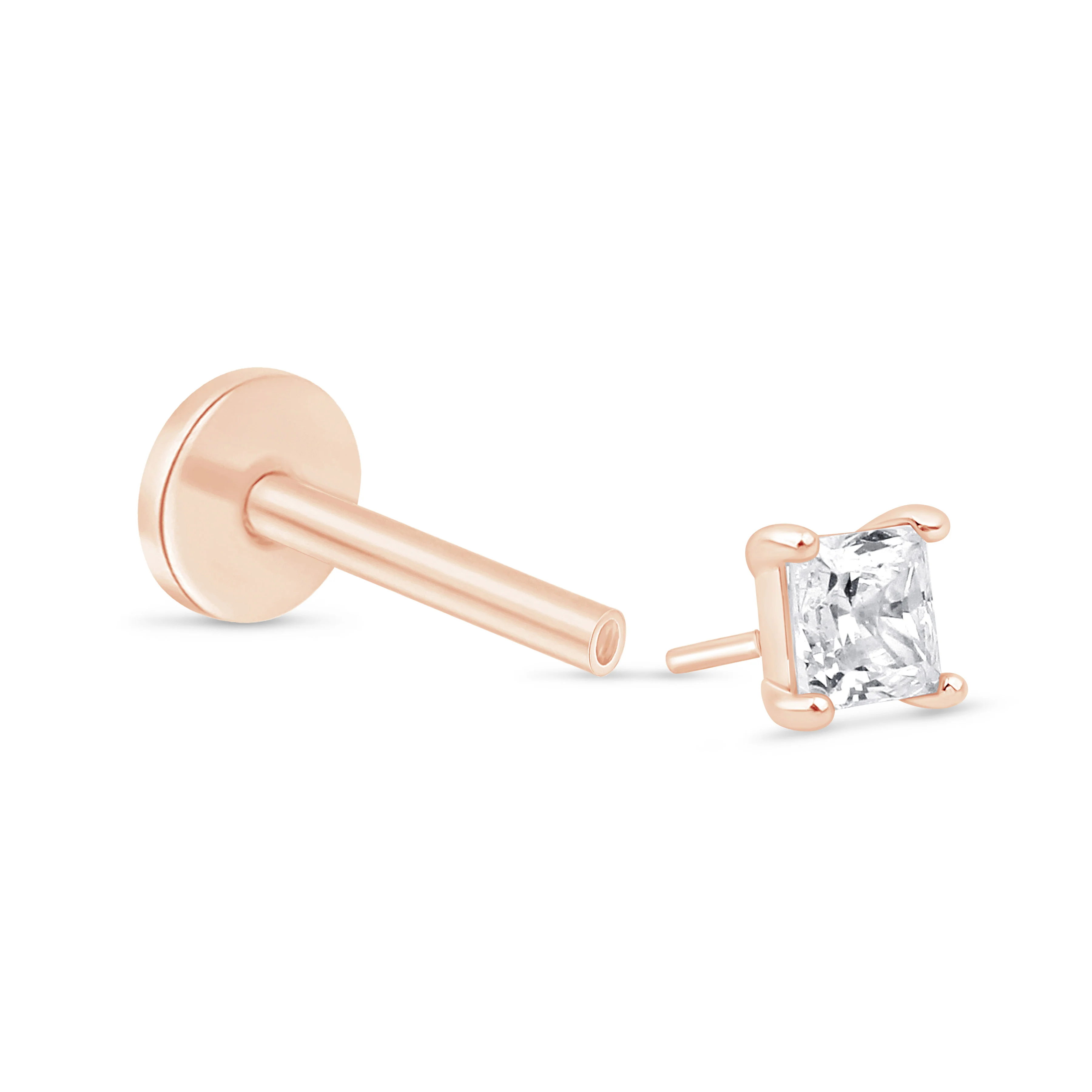 Rose Gold Princess Cut Diamond Flat Back Earring - Image 2
