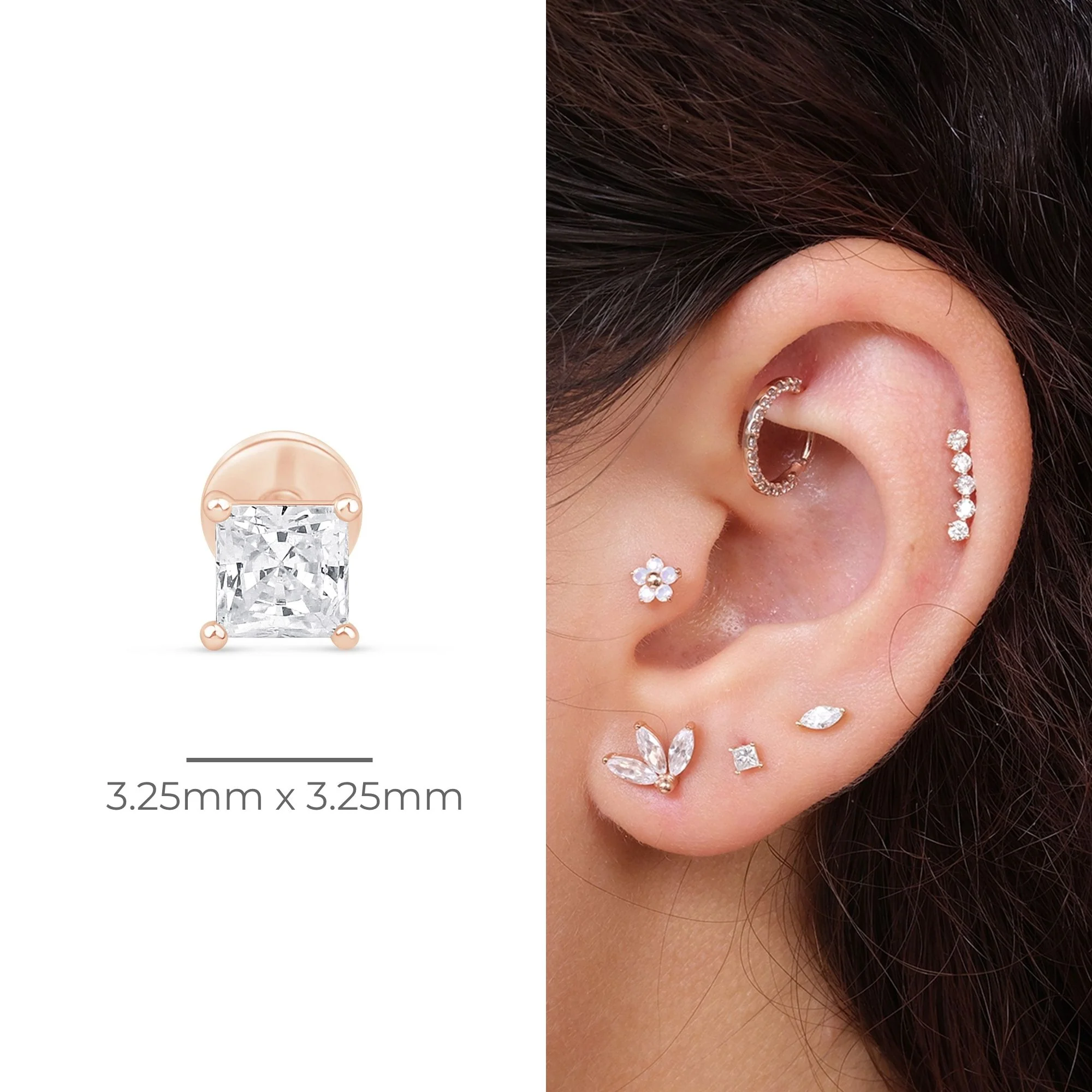 Rose Gold Princess Cut Diamond Flat Back Earring - Image 3