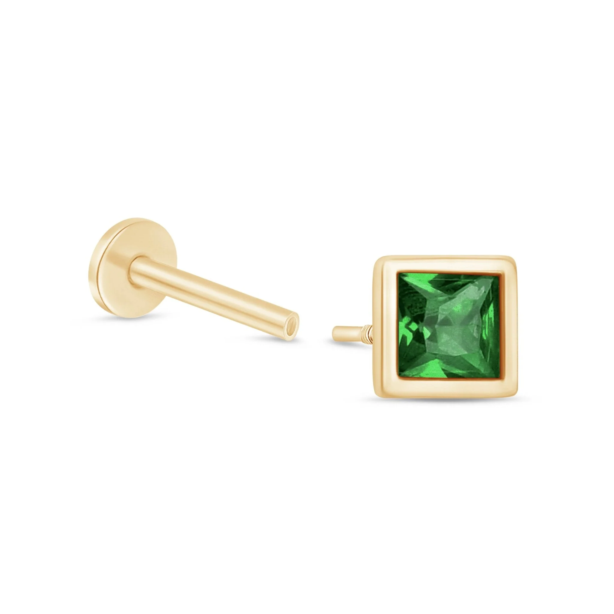 Yellow Gold Princess Cut Emerald Bezel Set Flatback Stud - Image 4