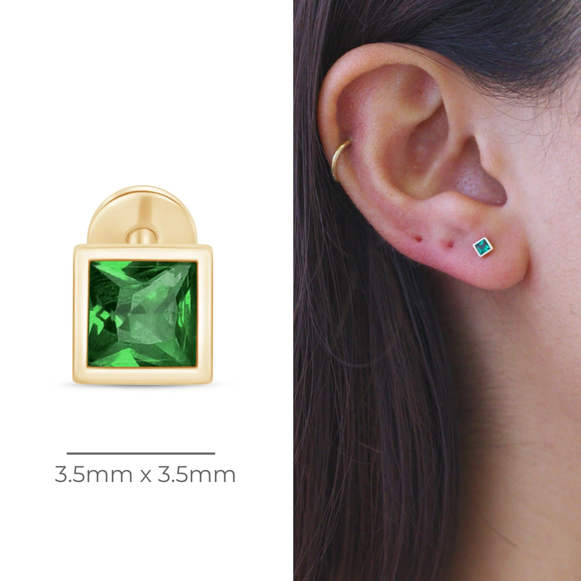 Yellow Gold Princess Cut Emerald Bezel Set Flatback Stud - Image 5