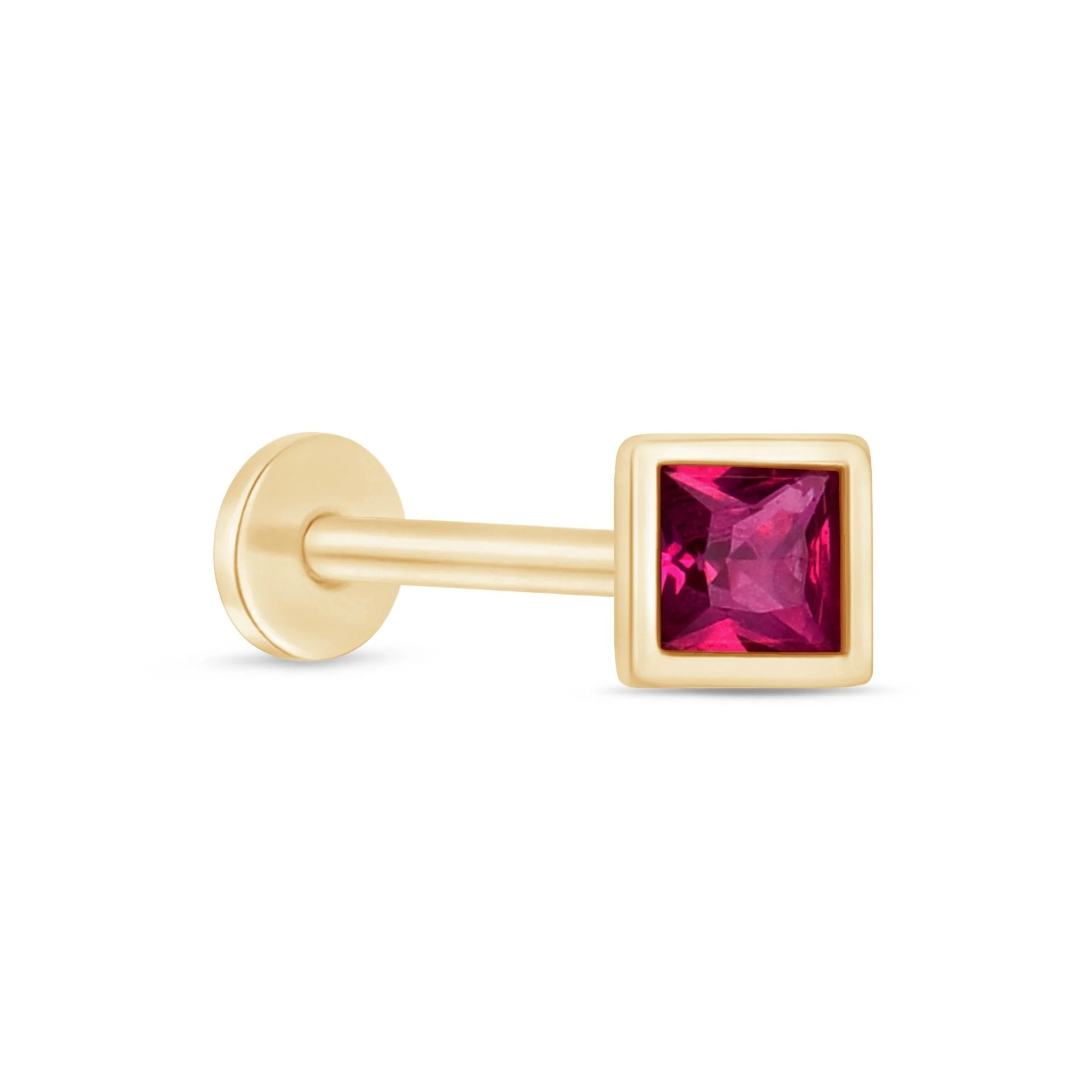 Yellow Gold Princess Cut Ruby Bezel Flat Back Earring