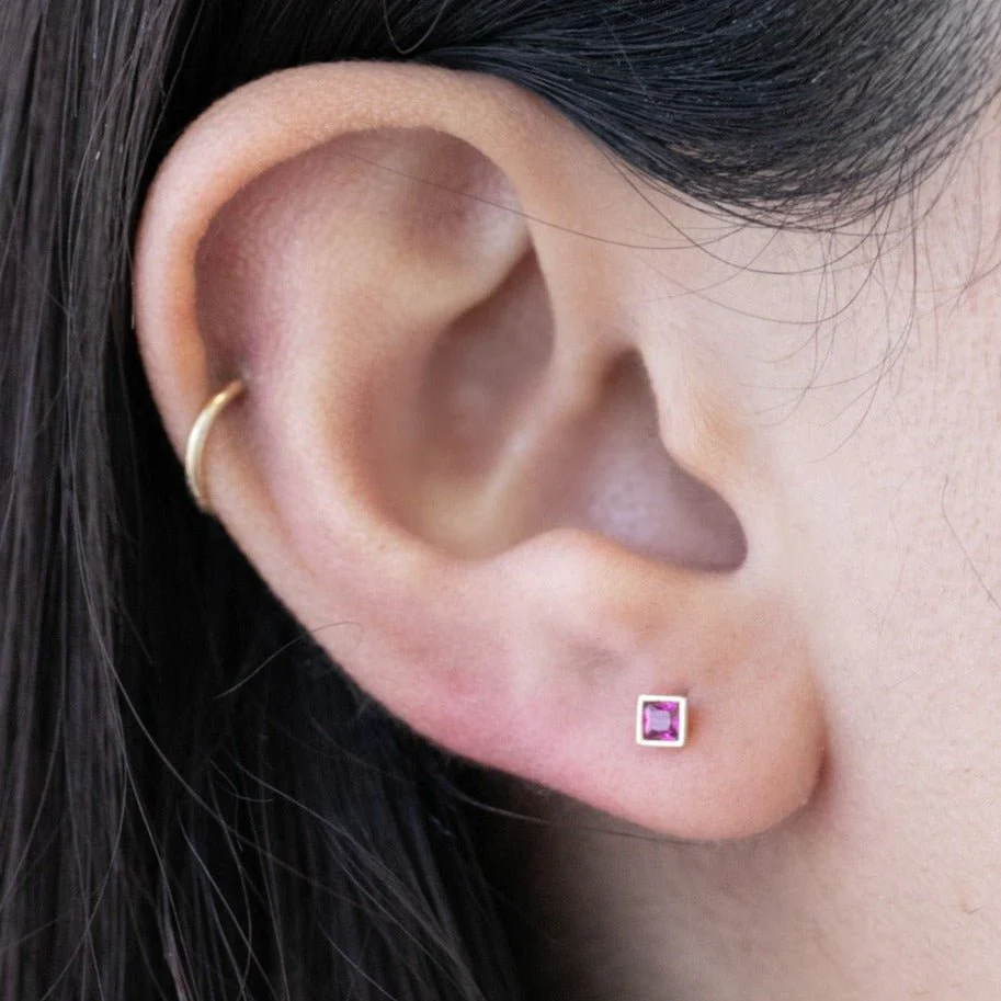 Yellow Gold Princess Cut Ruby Bezel Flat Back Earring - Image 2