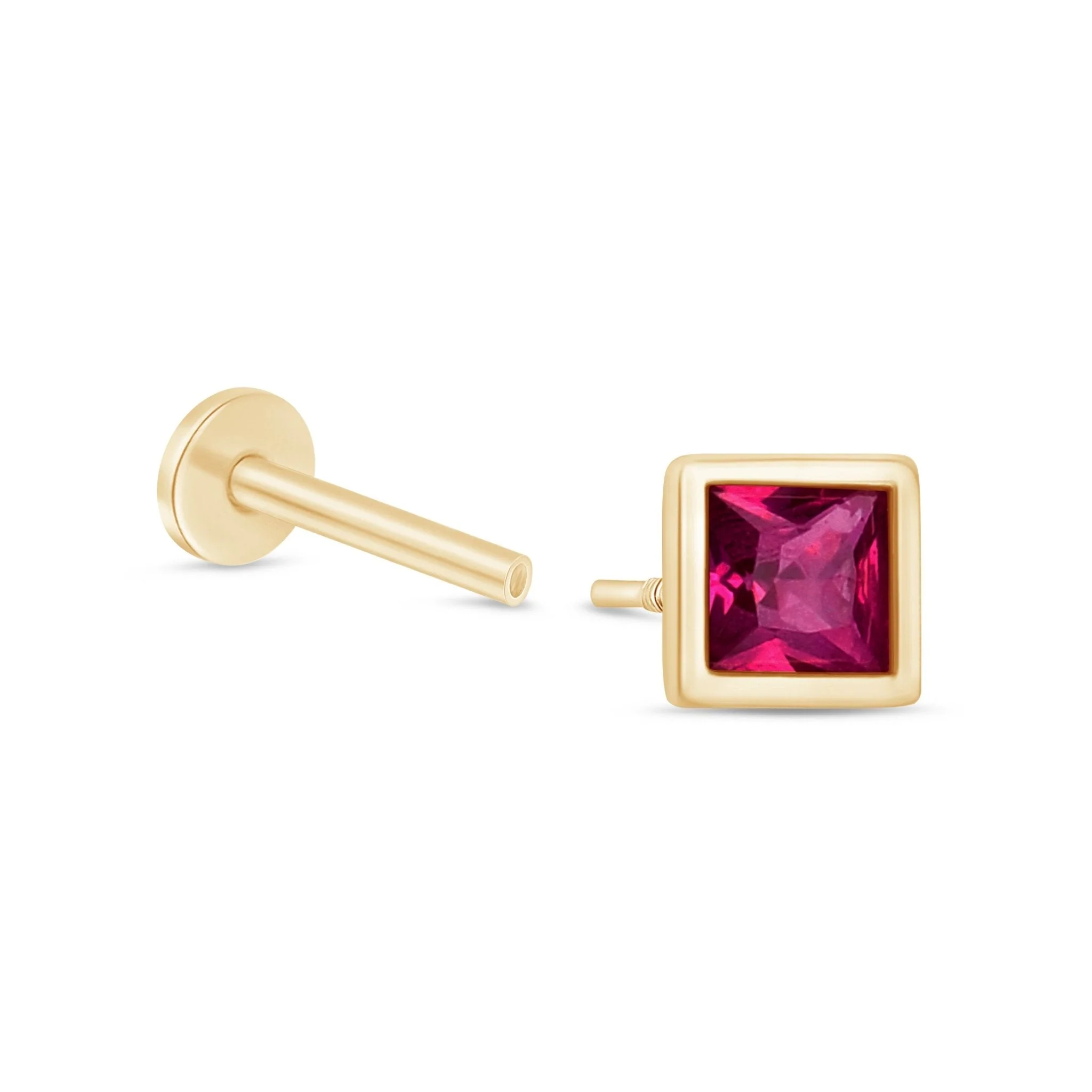 Yellow Gold Princess Cut Ruby Bezel Flat Back Earring - Image 4