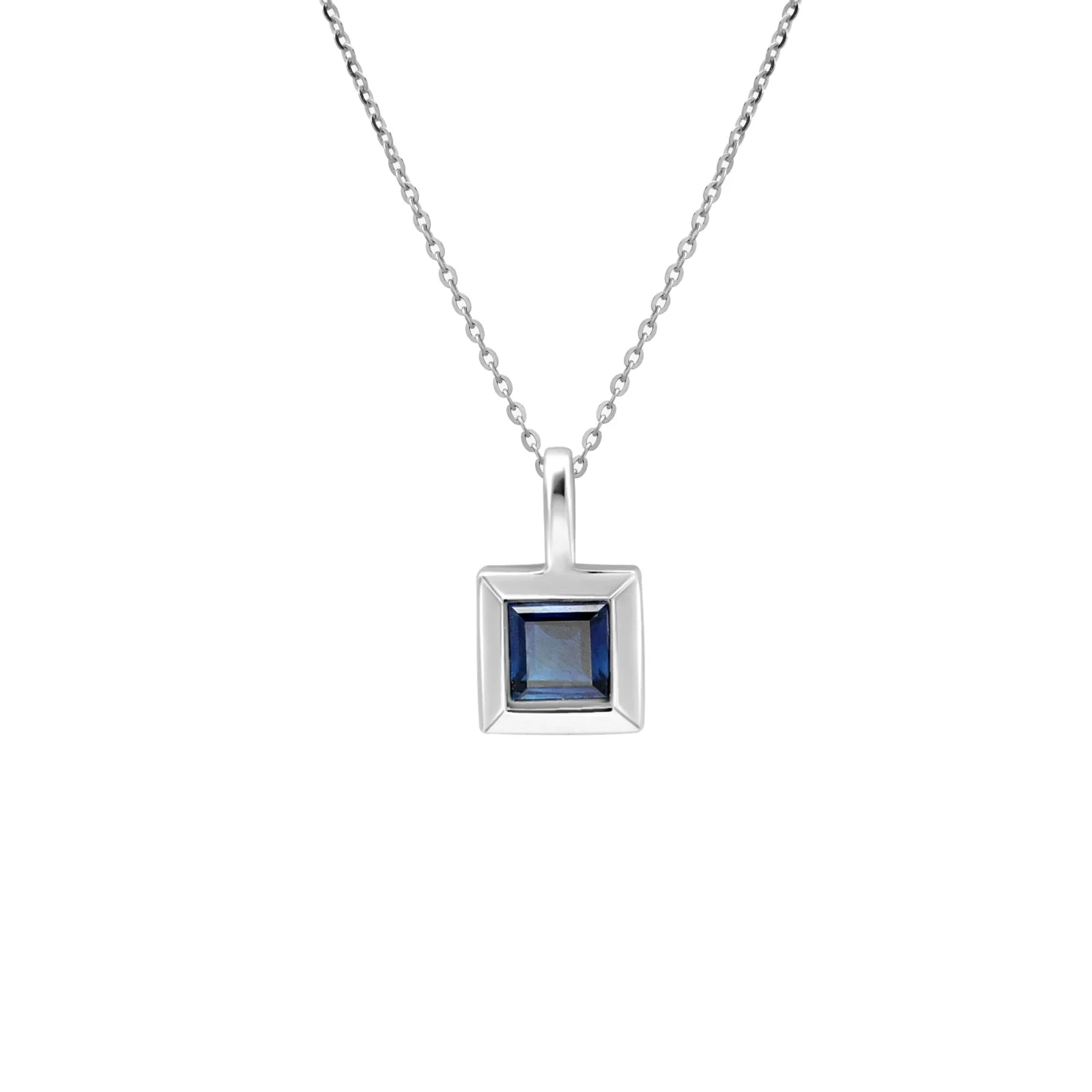White Gold Princess Blue Sapphire Bezel Pendant
