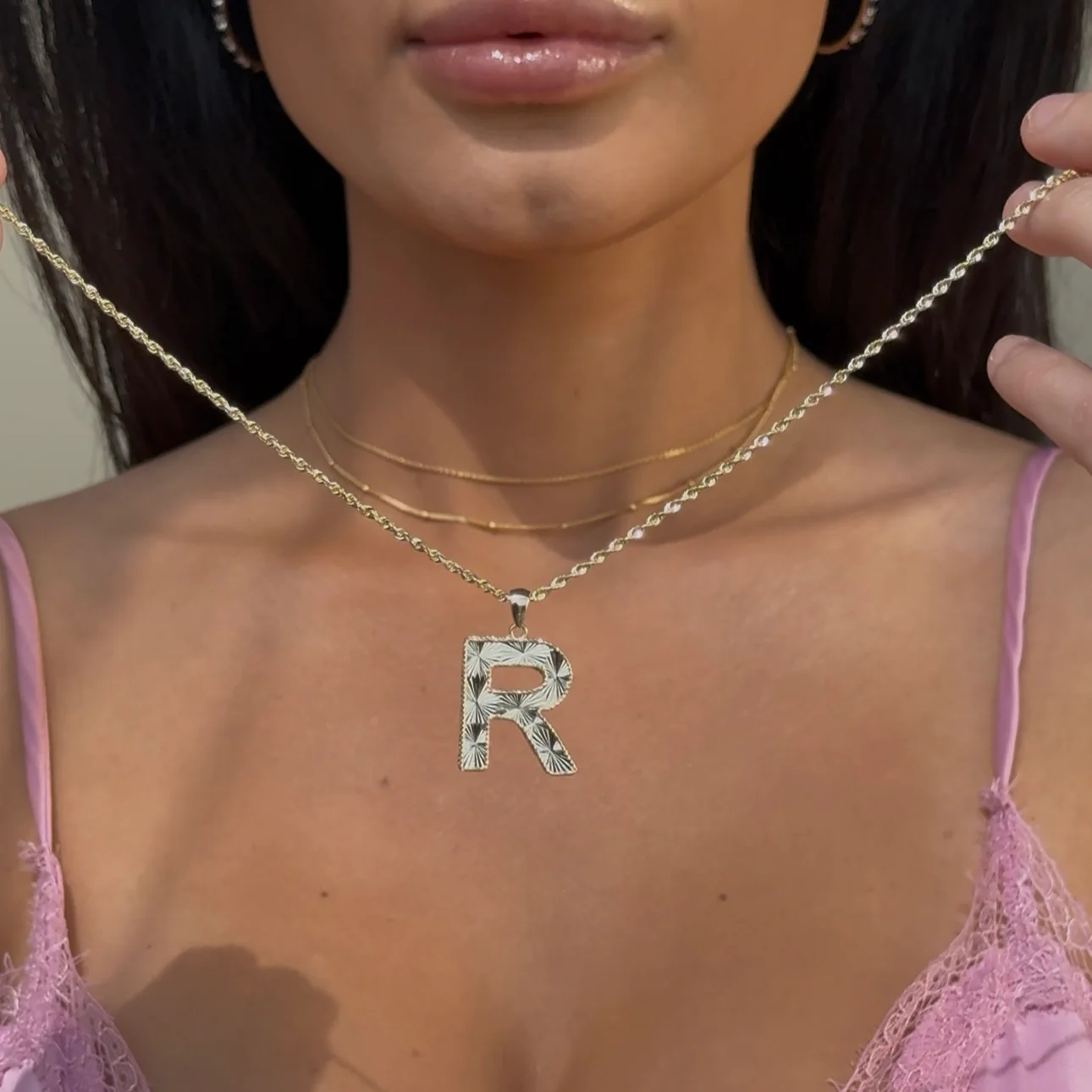 Yellow Gold Radiant-Cut Initial Pendant - R - Image 2