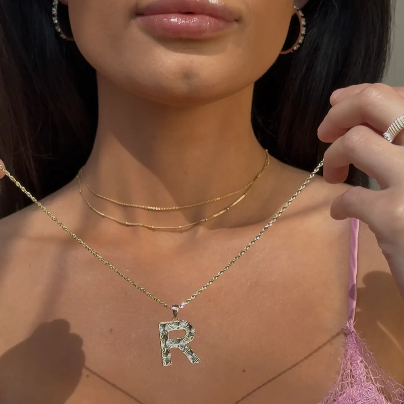 Yellow Gold Radiant-Cut Initial Pendant - R - Image 4