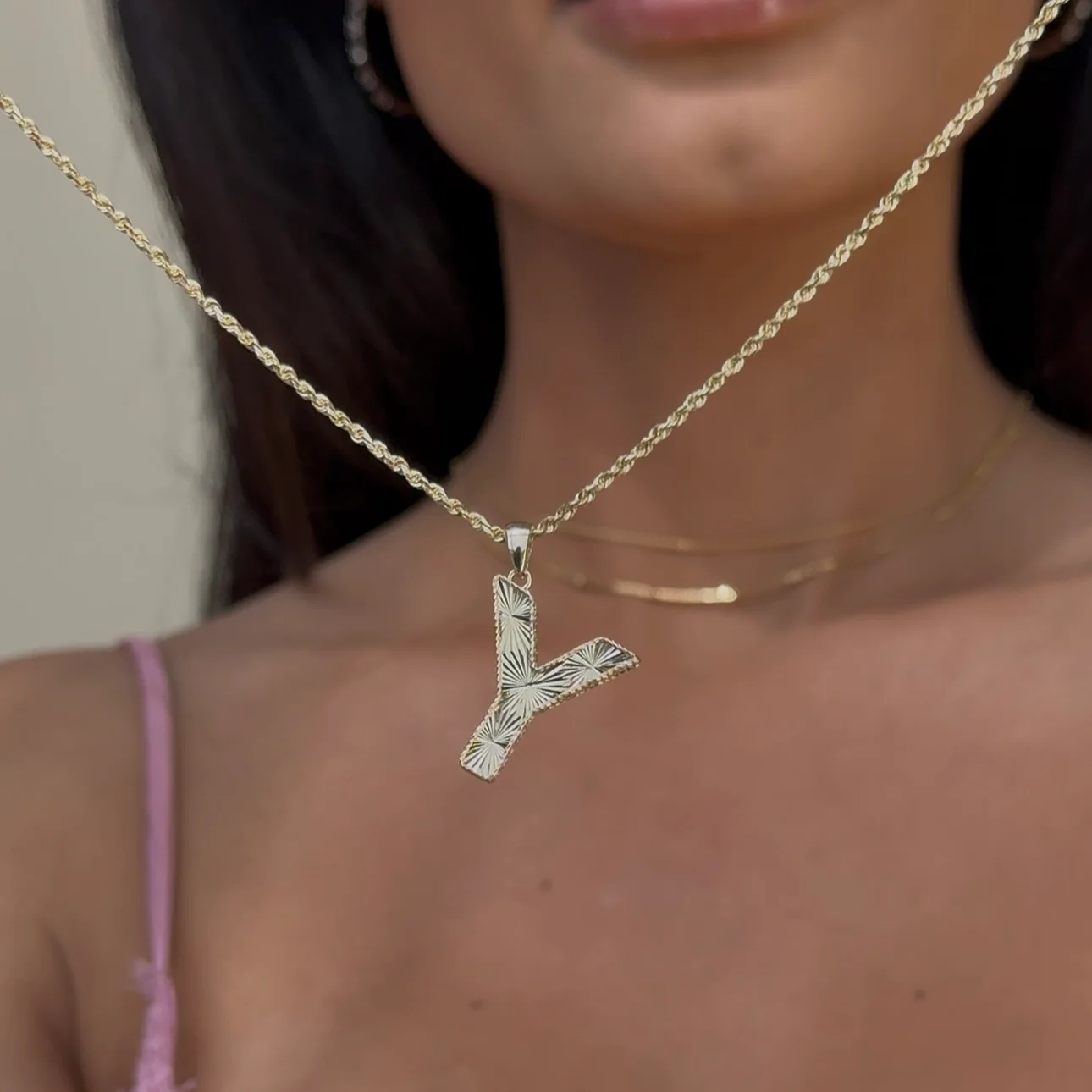 Yellow Gold Radiant-Cut Initial Pendant - Y - Image 2
