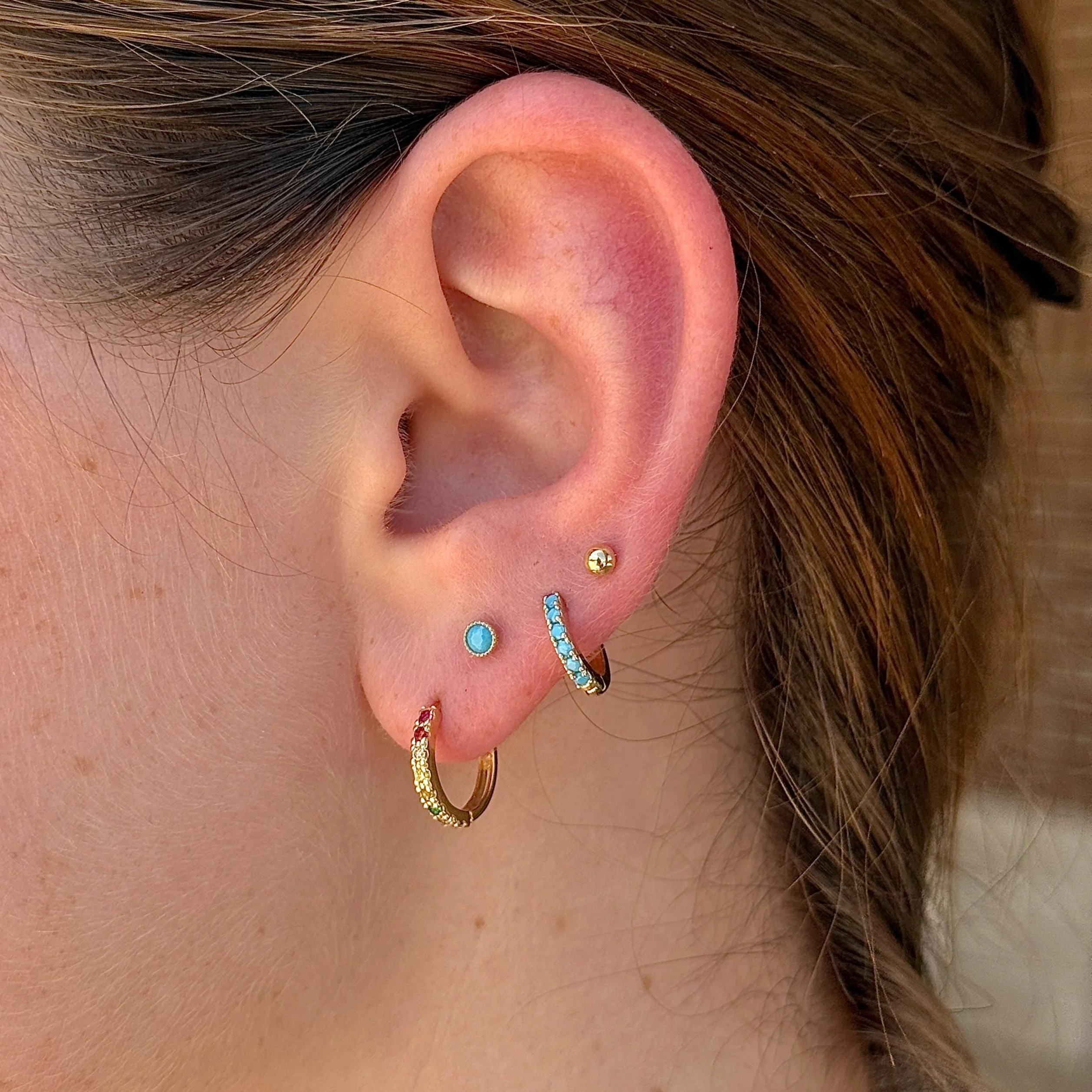 Yellow Gold Turquoise Milgrain Set Flat Back Earring - Image 6