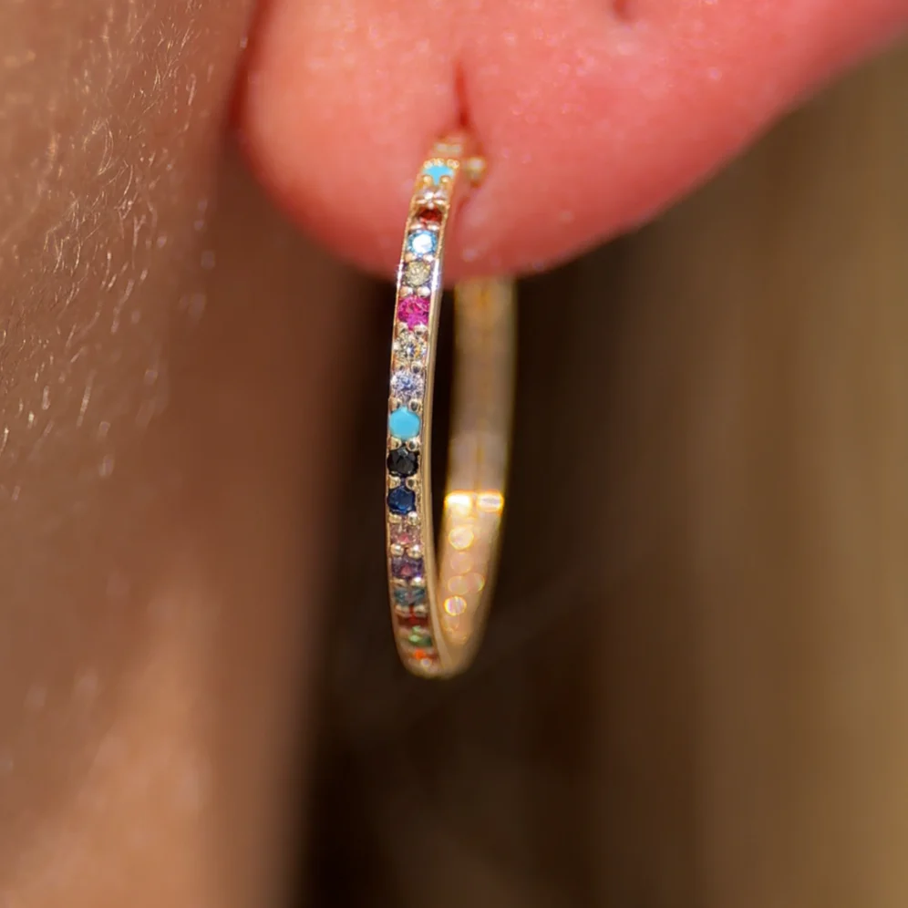 Yellow Gold Rainbow Studded Hoop - Image 2