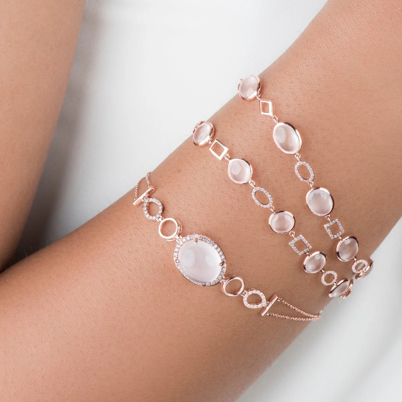 Rose Quartz and Diamond Infinity Heirloom Bracelet in Solid 14k Rose Gold - Image 2