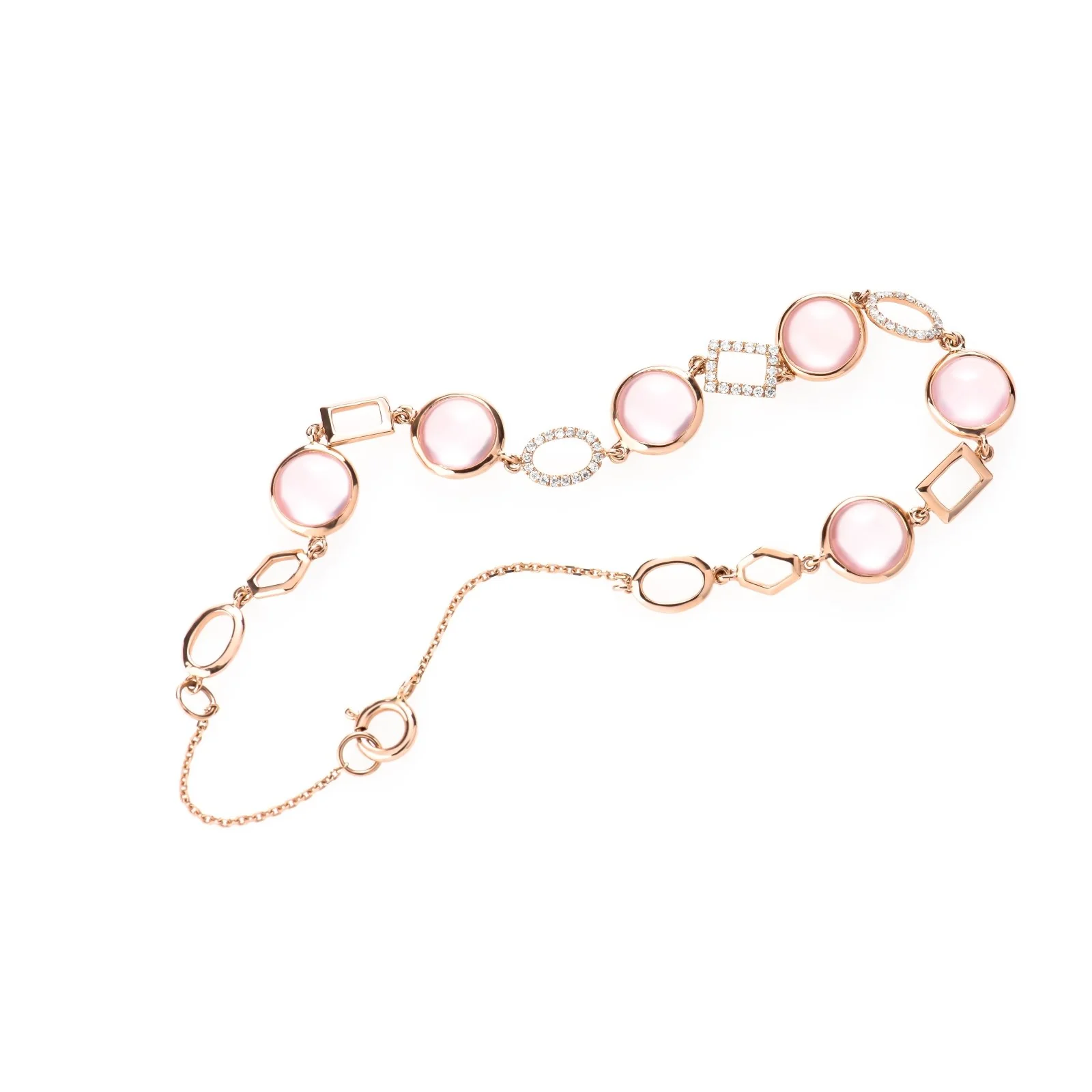 Rose Quartz and Geometric Diamond Link Bracelet in Solid 14k Rose Gold
