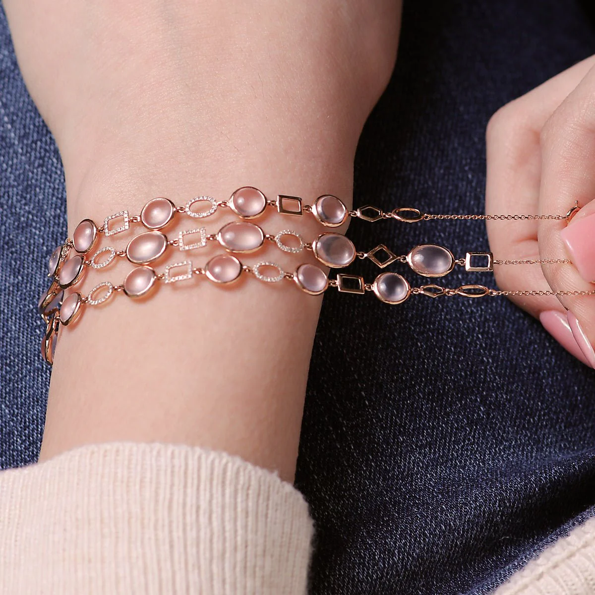 Rose Quartz and Geometric Diamond Link Bracelet in Solid 14k Rose Gold - Image 3