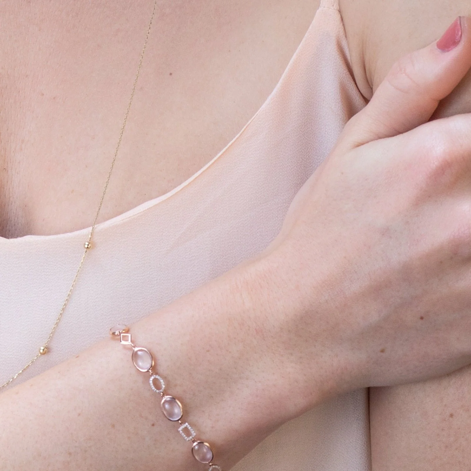 Rose Quartz and Geometric Diamond Link Bracelet in Solid 14k Rose Gold - Image 4