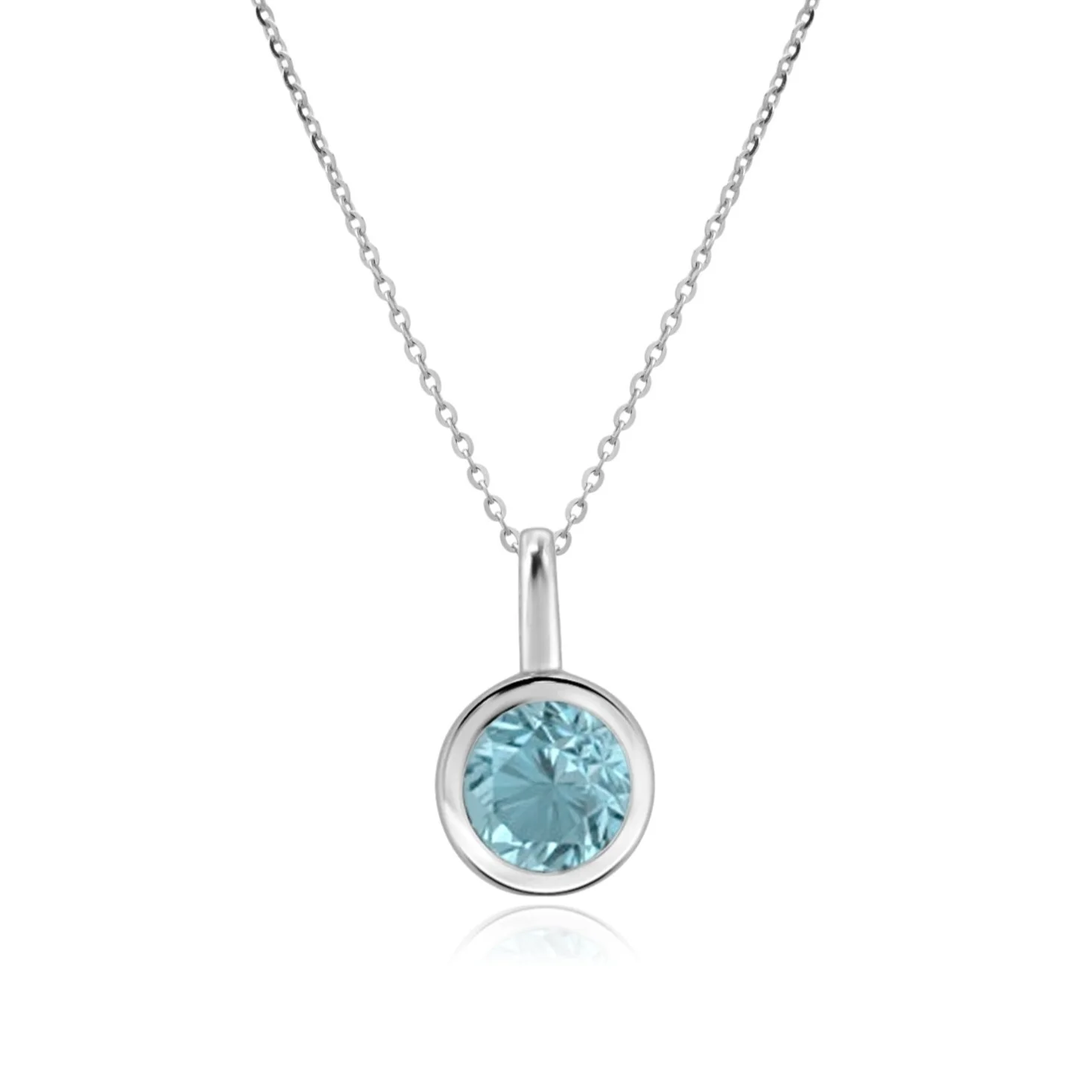 White Gold Round Blue Topaz Bezel Pendant Necklace