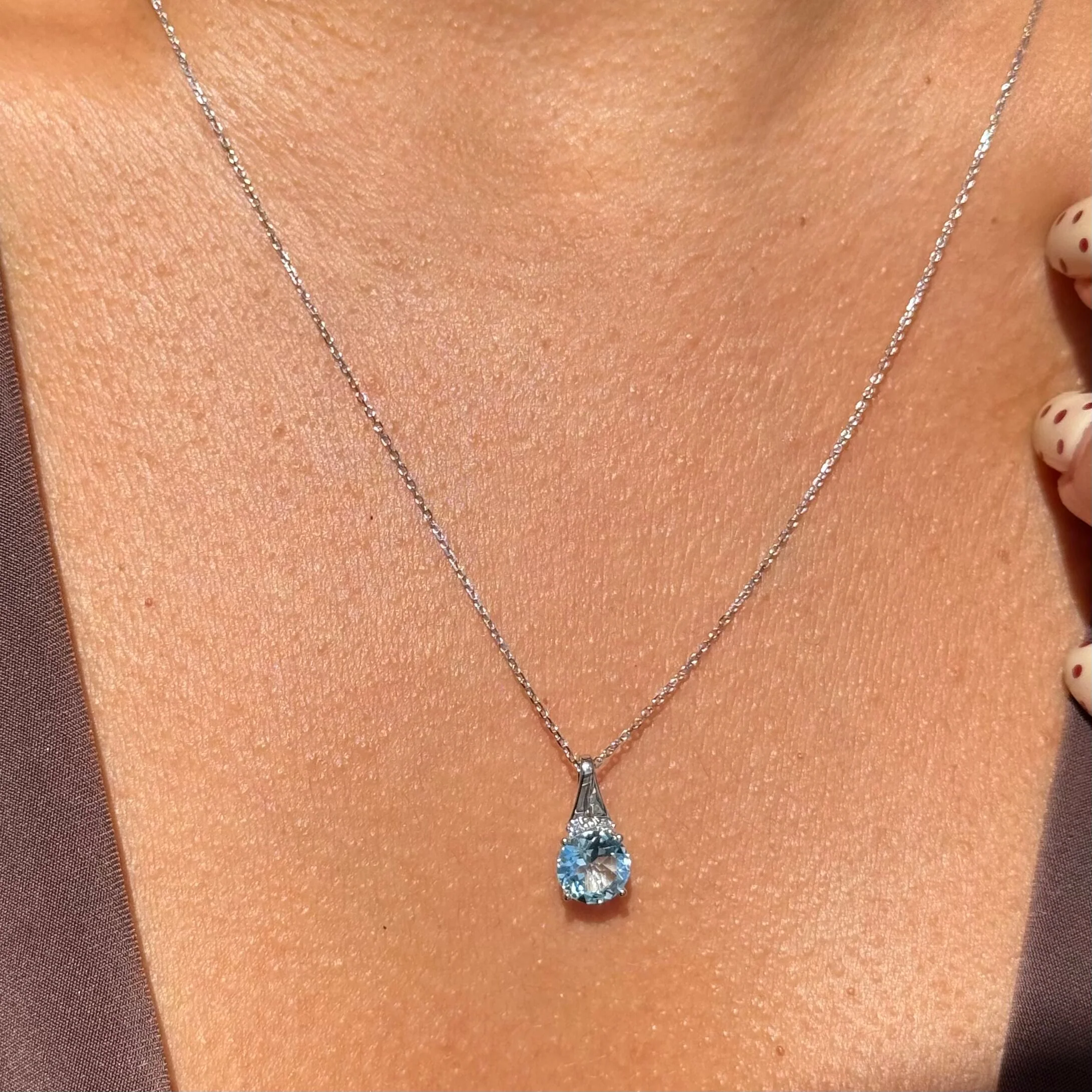 White Gold Blue Topaz Diamond Halo Pendant Necklace - Image 3