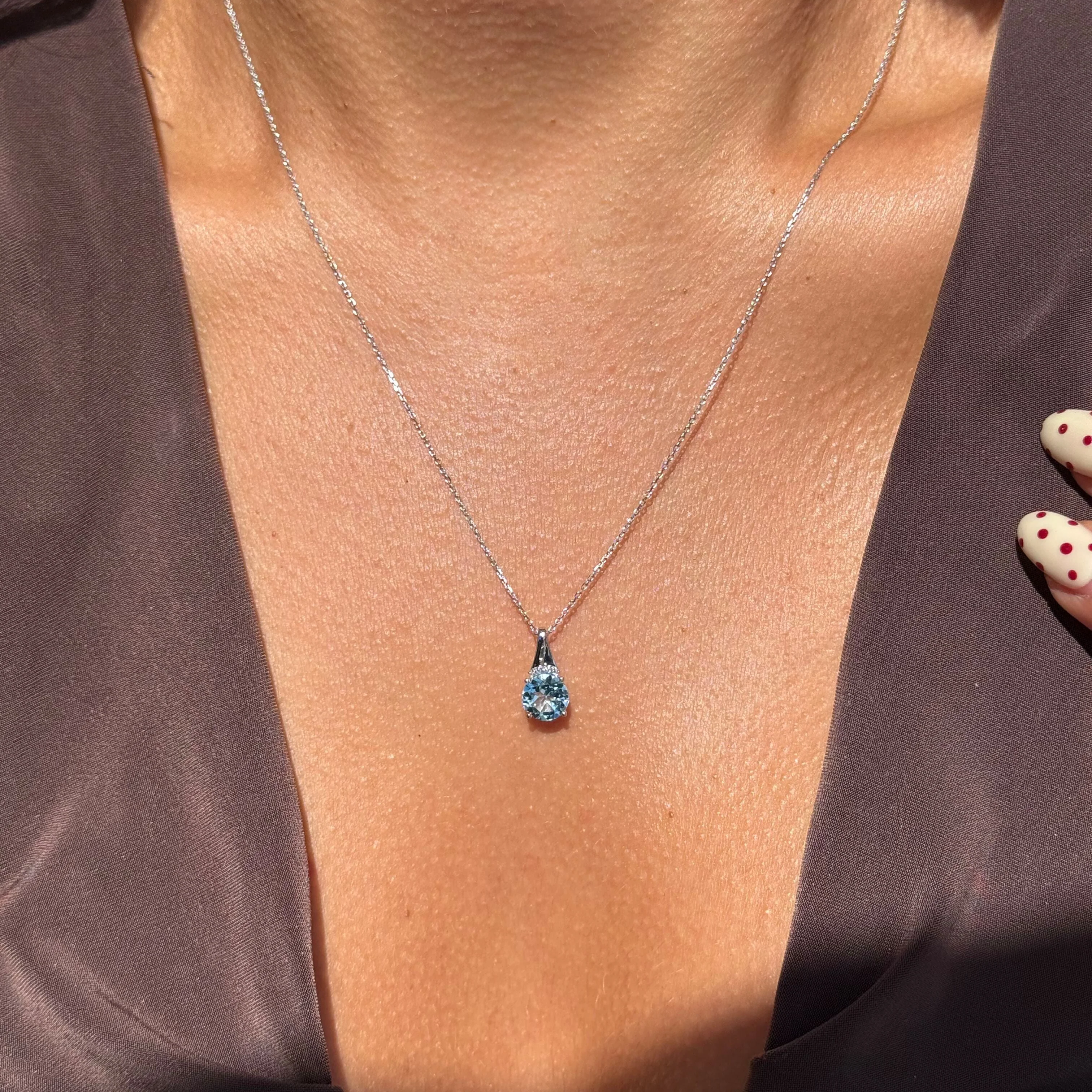 White Gold Blue Topaz Diamond Halo Pendant Necklace - Image 5