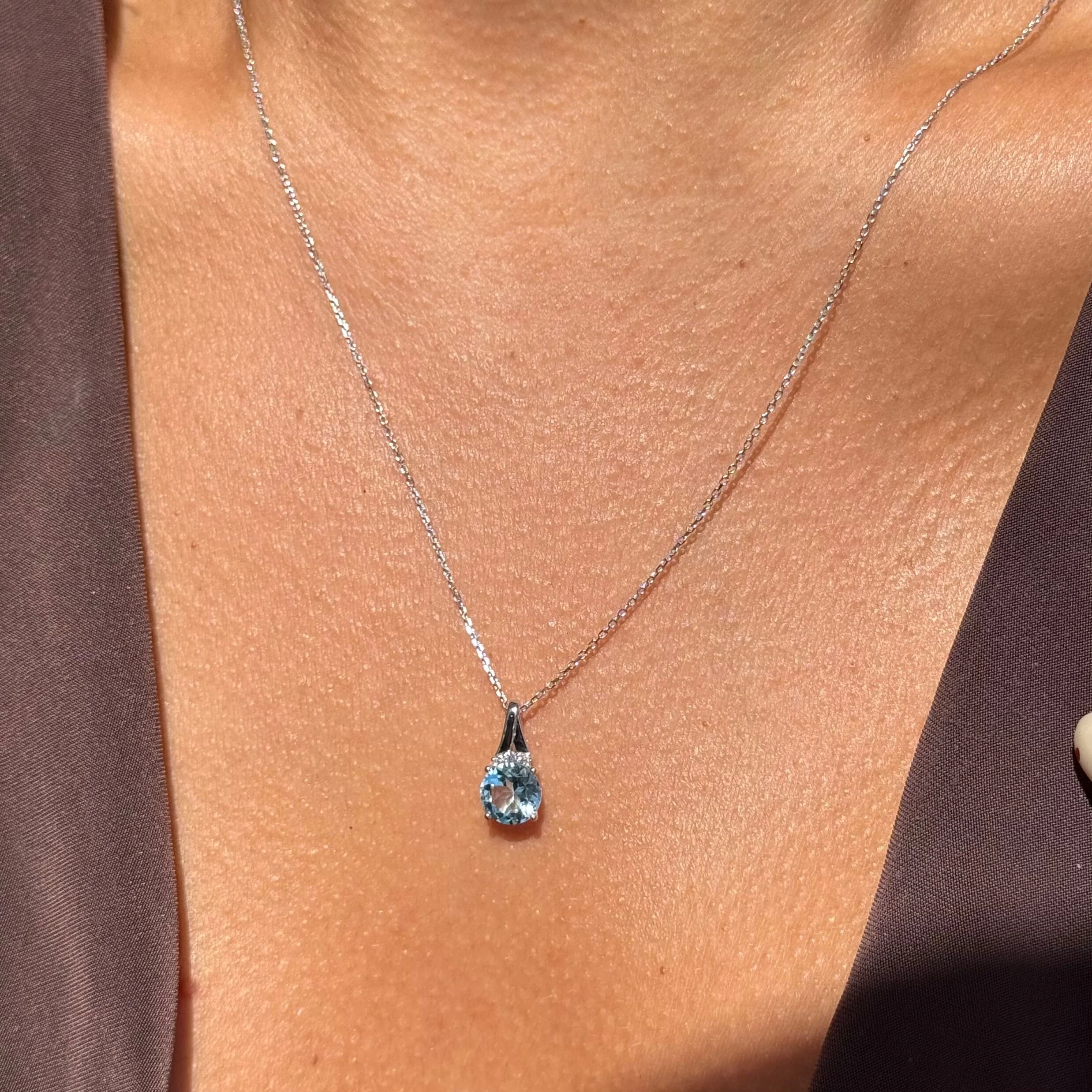 White Gold Blue Topaz Diamond Halo Pendant Necklace - Image 6