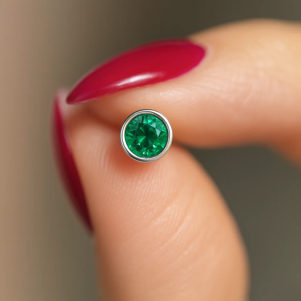 White Gold Round Emerald Bezel Flat Back Earring - Image 3
