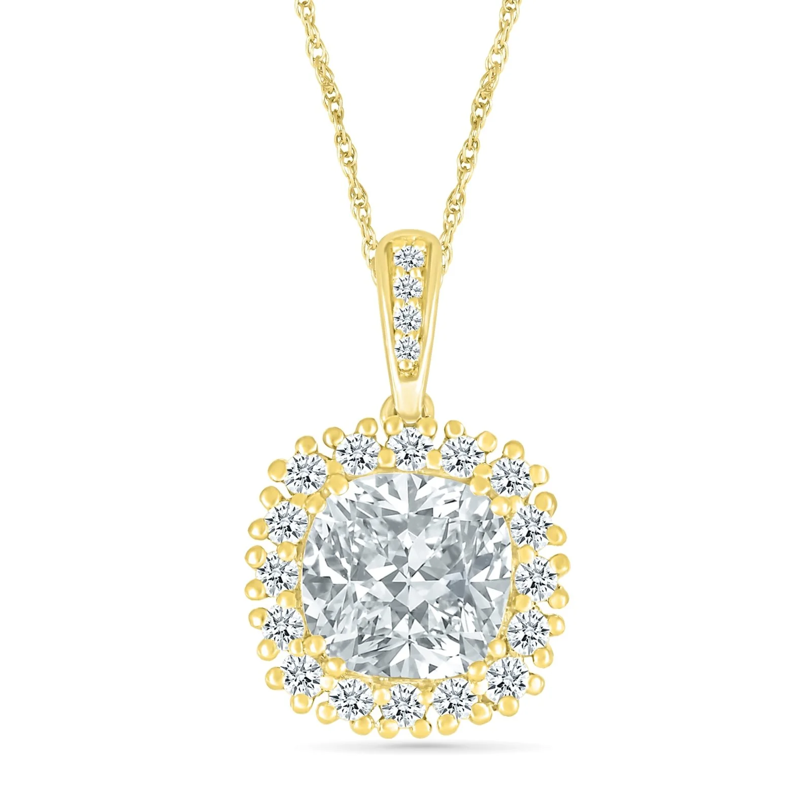 Yellow Gold Round White Sapphire Halo Pendant Necklace