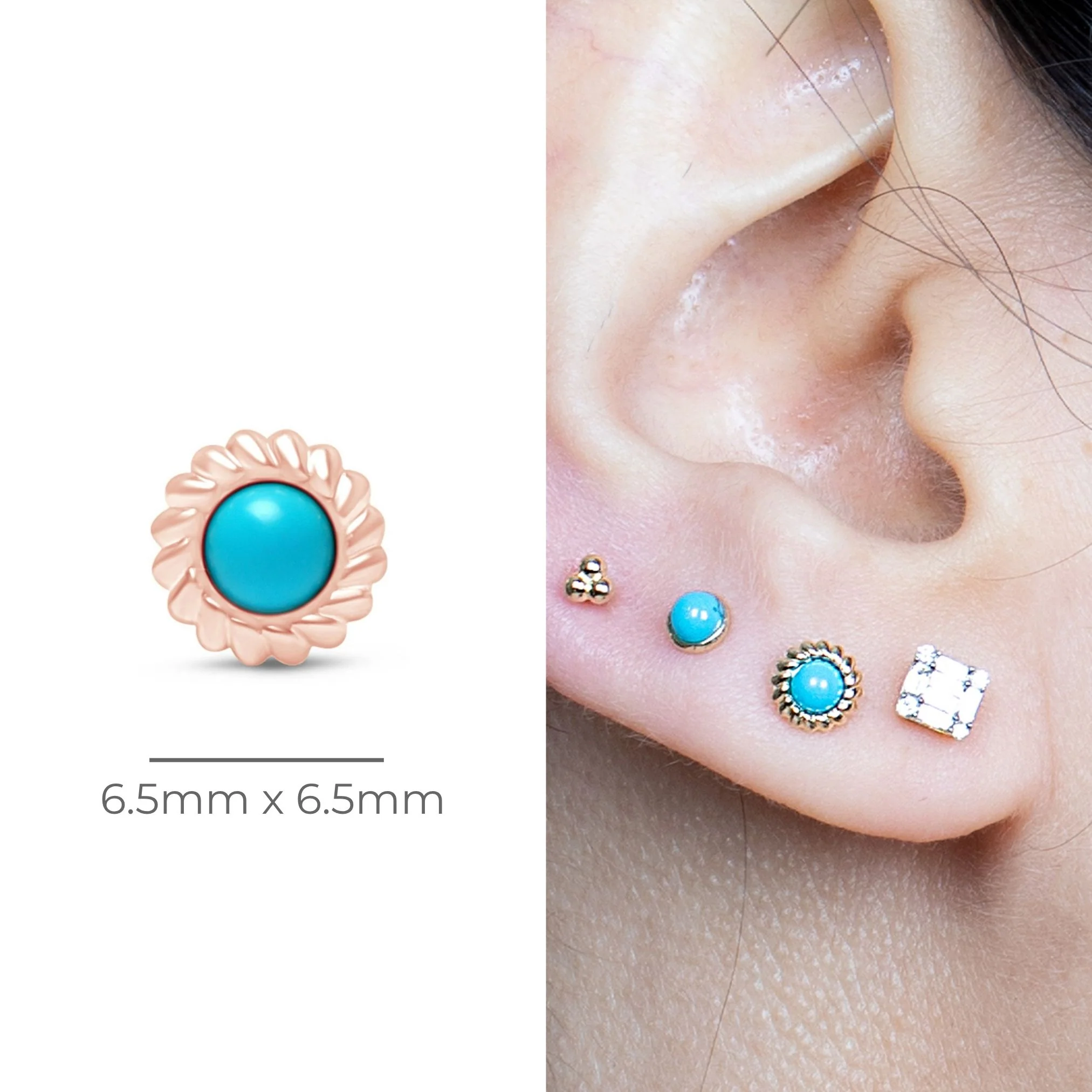 Rose Gold Turquoise Cabochon Braided Bezel Flat Back Earring - Image 3