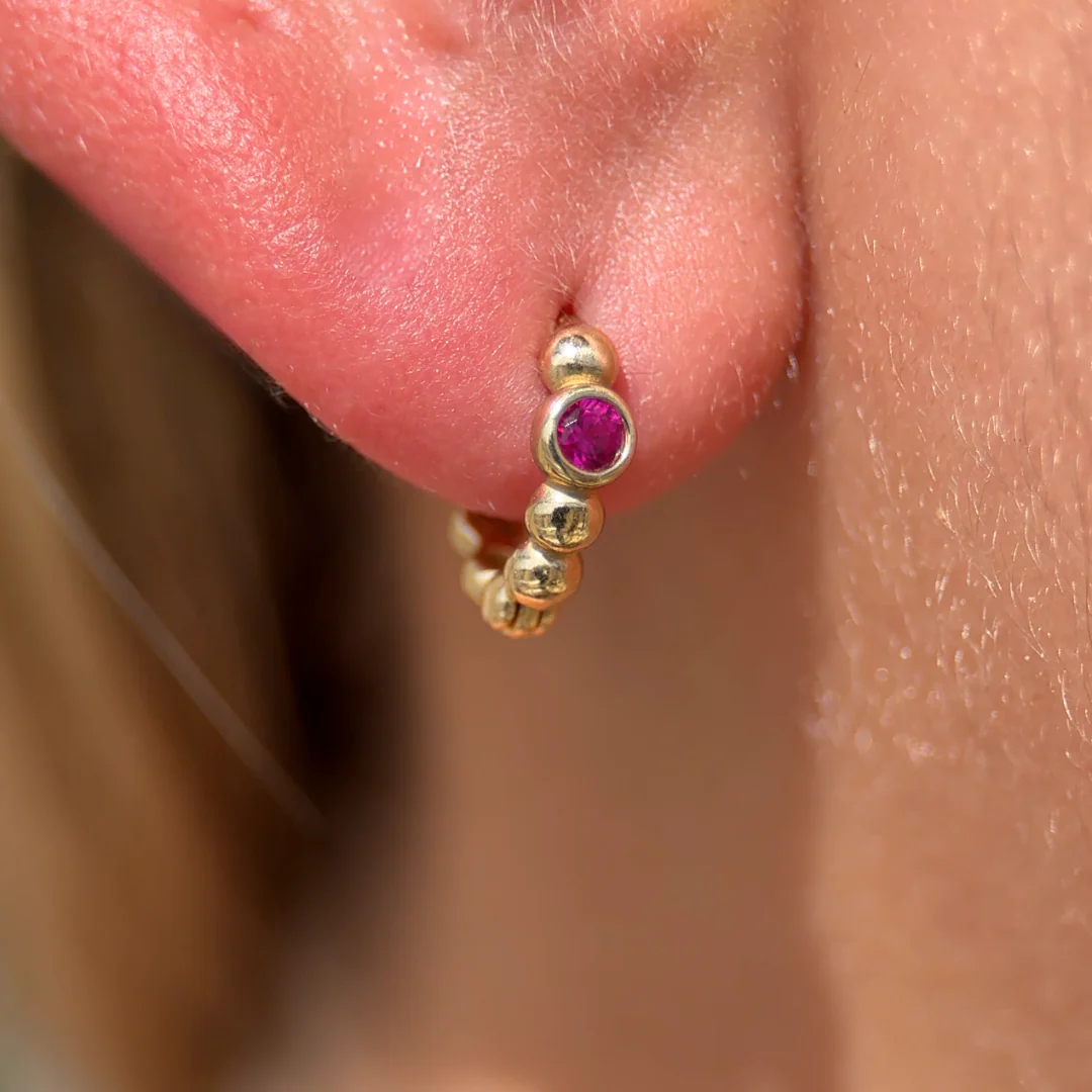 Yellow Gold Ruby Beaded Hoop - Image 11