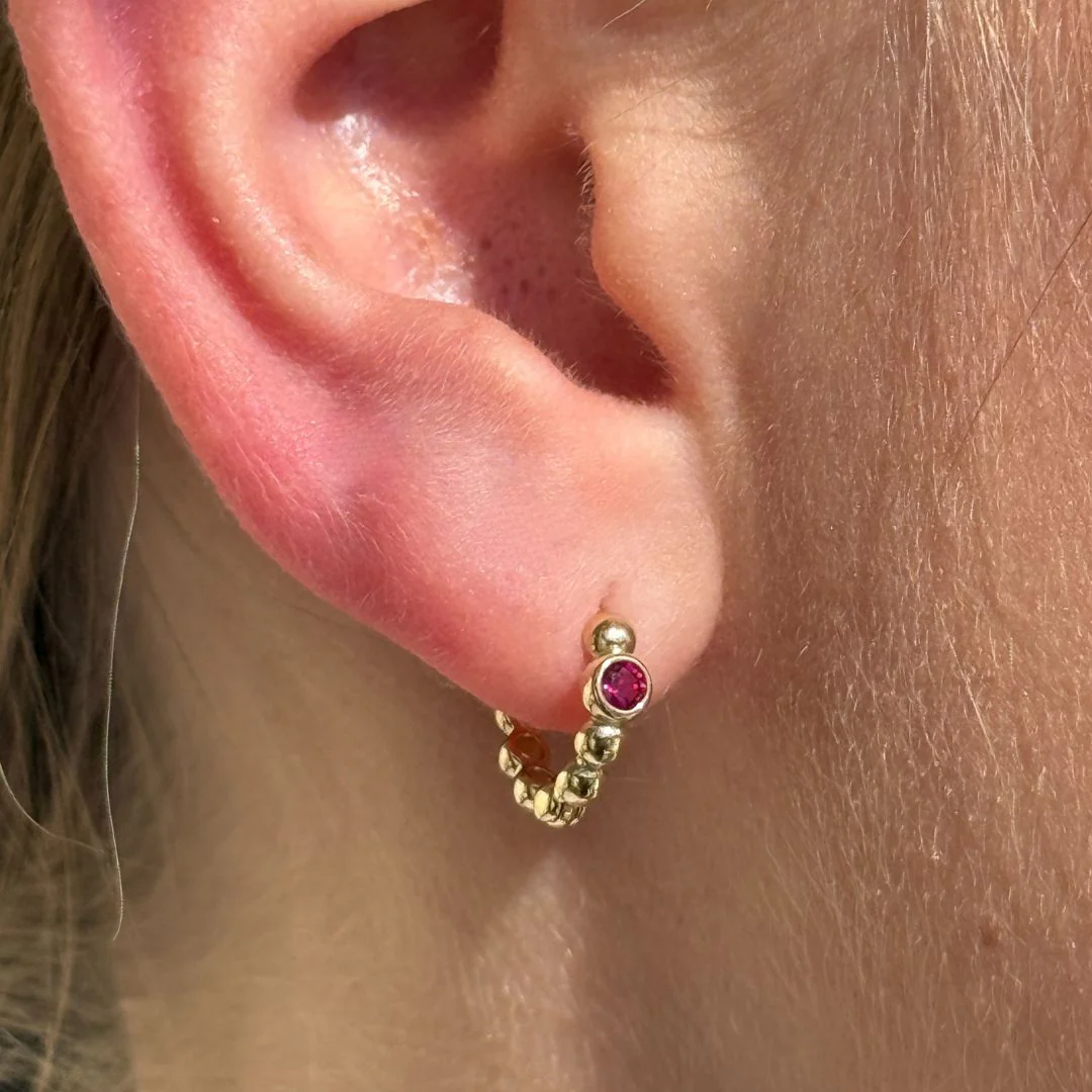 Yellow Gold Ruby Beaded Hoop - Image 5