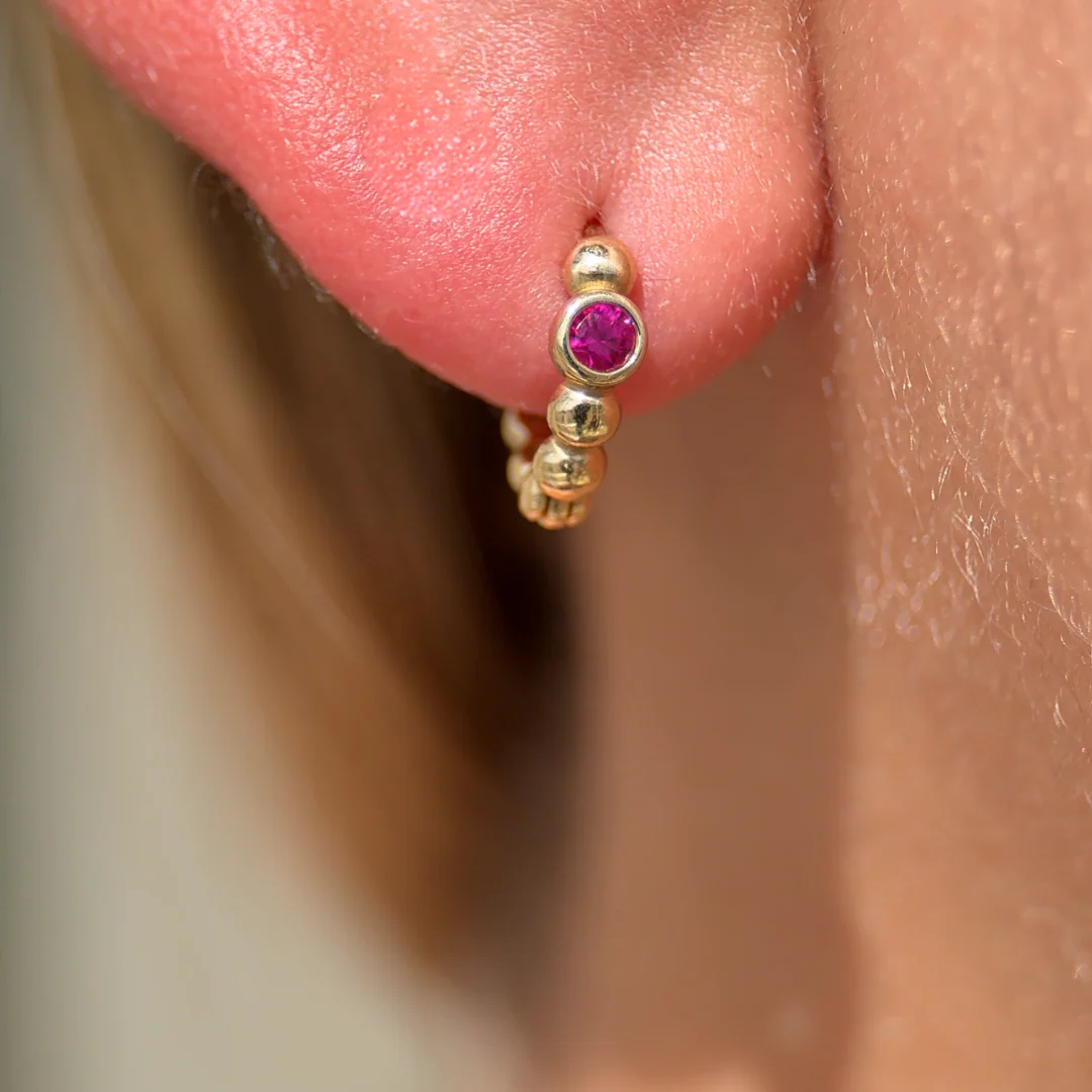 Yellow Gold Ruby Beaded Hoop - Image 7