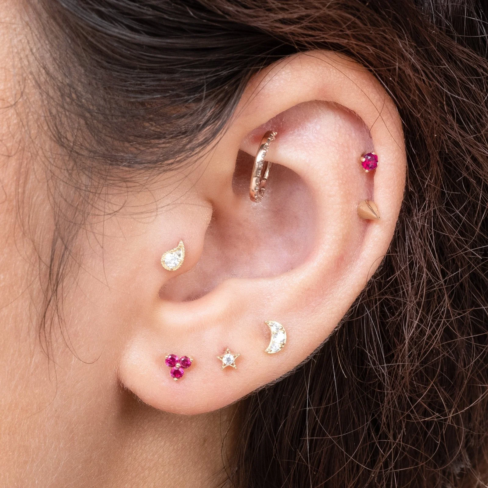 Yellow Gold Ruby Cartilage Flat Back Stud Earring - Image 7