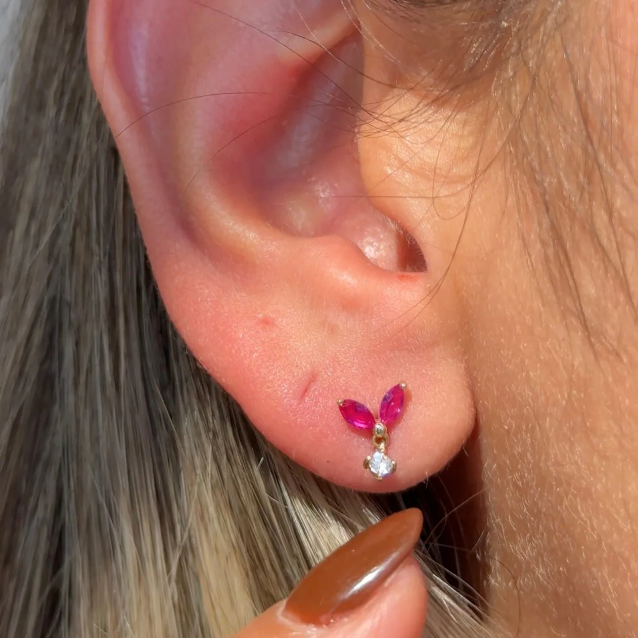 Yellow Gold Ruby Double Marquise Drop Flat Back Earring - Image 3