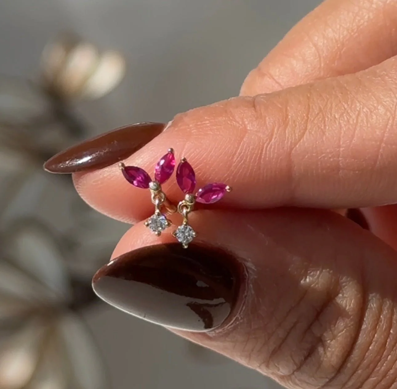 Yellow Gold Ruby Double Marquise Drop Flat Back Earring - Image 5