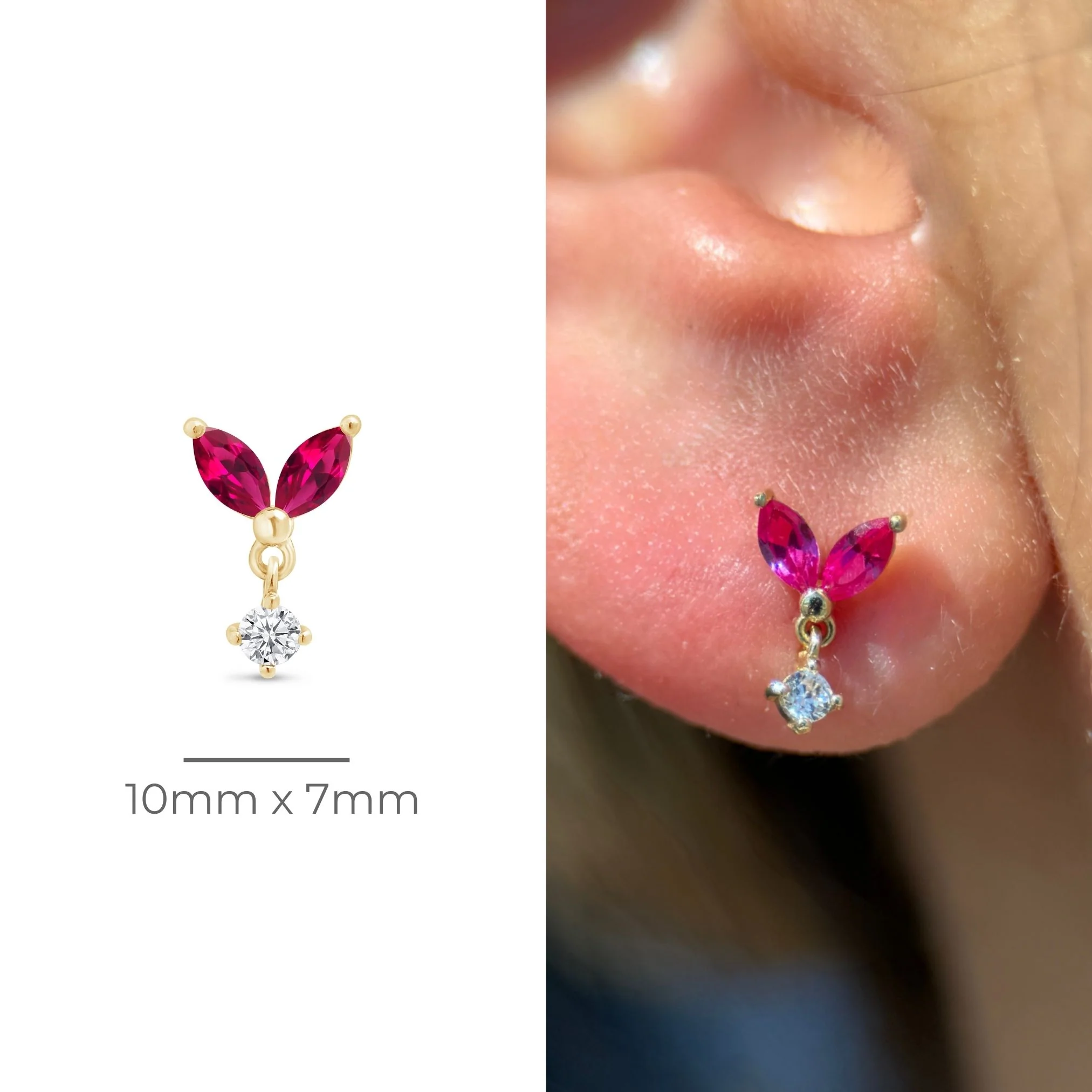 Yellow Gold Ruby Double Marquise Drop Flat Back Earring - Image 7