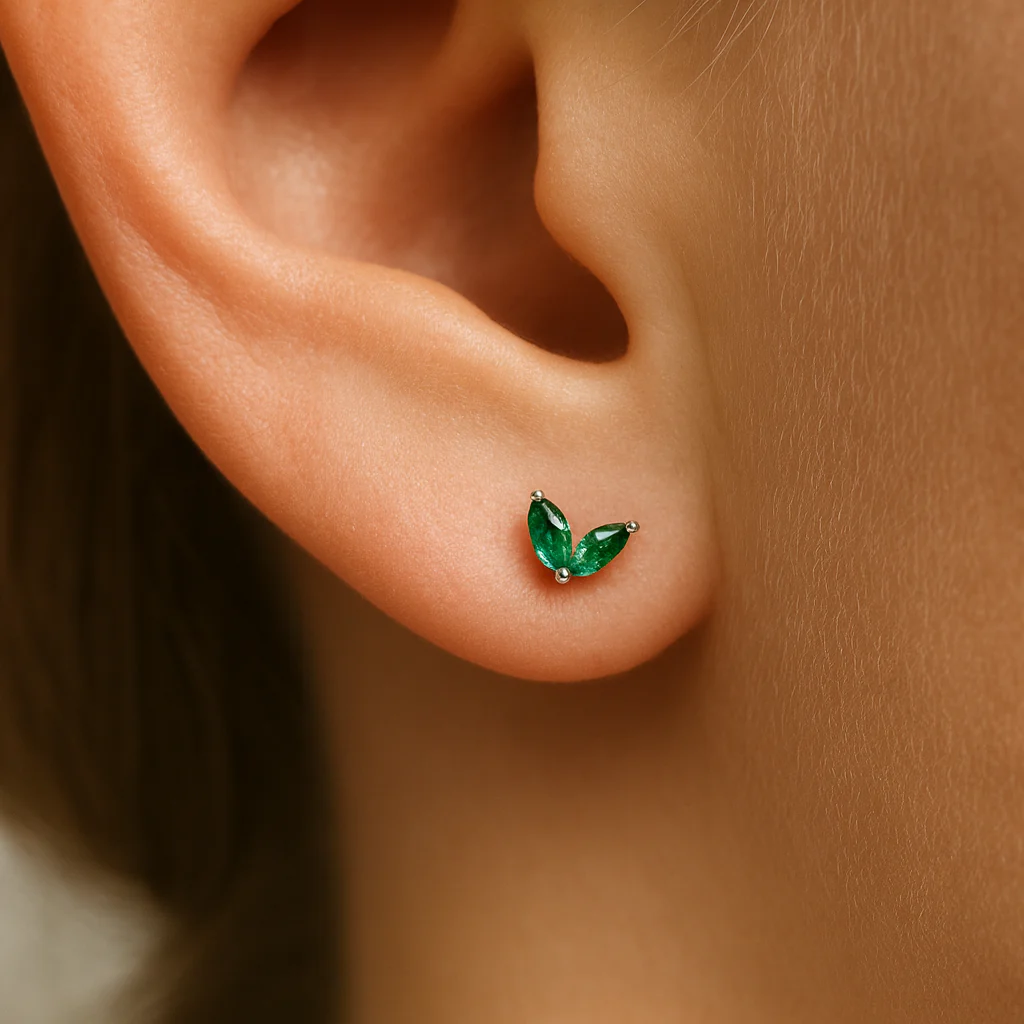 Yellow Gold Emerald Double Marquise Flat Back Earring - Image 3