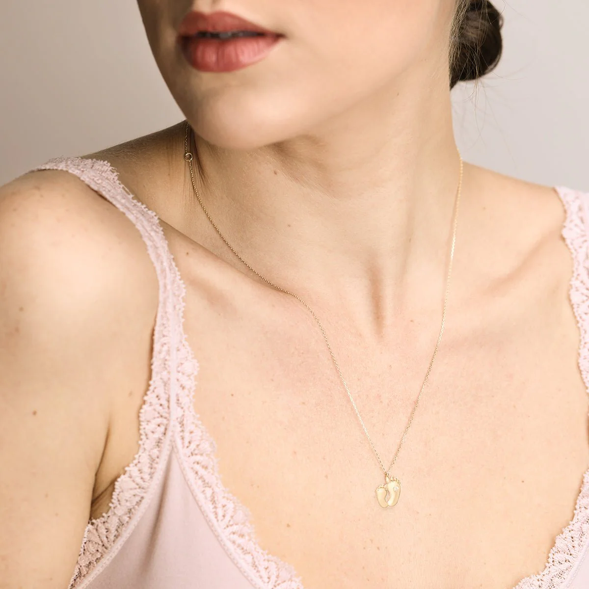 Yellow Gold Sapphire Baby Feet Pendant Necklace - Image 2