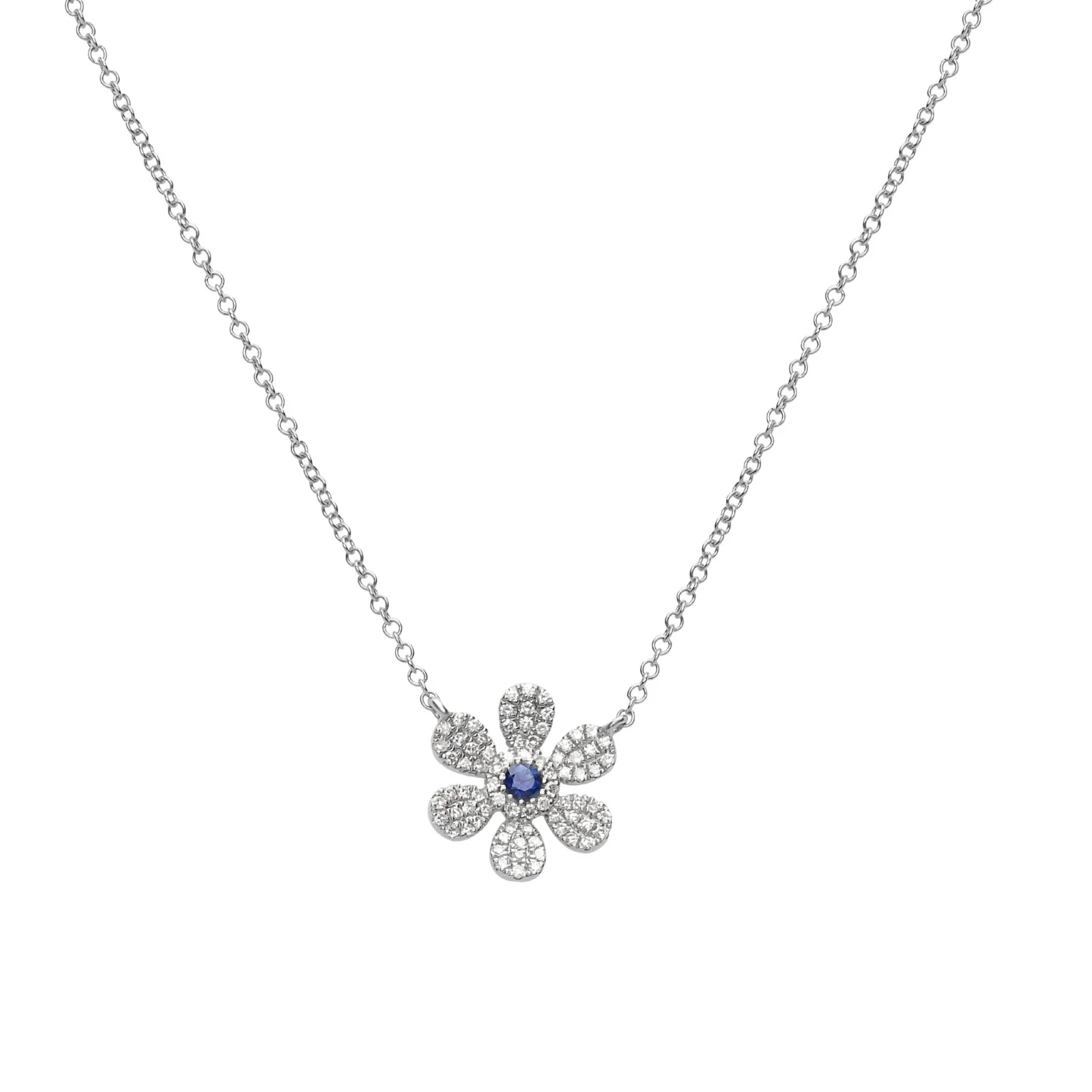 White Gold Sapphire Diamond Pavé Flower Necklace