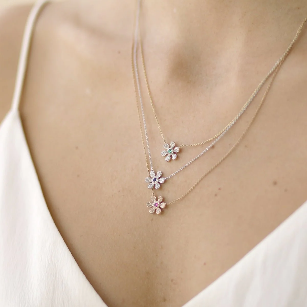 White Gold Sapphire Diamond Pavé Flower Necklace - Image 3