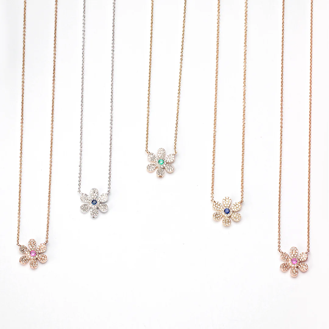White Gold Sapphire Diamond Pavé Flower Necklace - Image 4