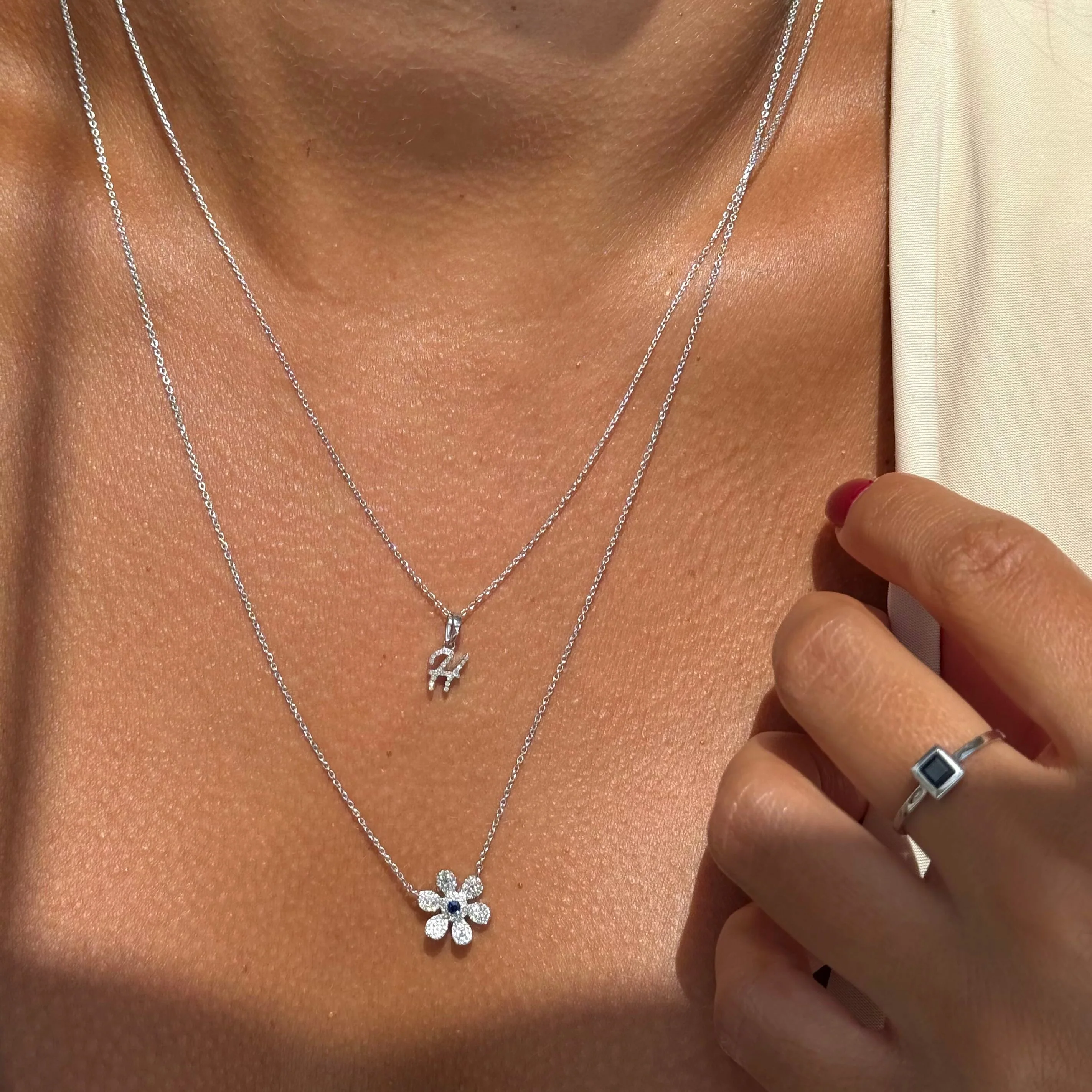 White Gold Sapphire Diamond Pavé Flower Necklace - Image 5