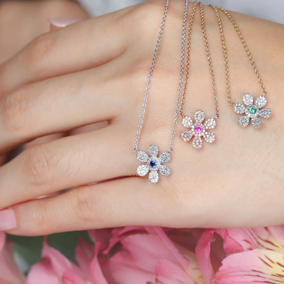 White Gold Sapphire Diamond Pavé Flower Necklace - Image 6