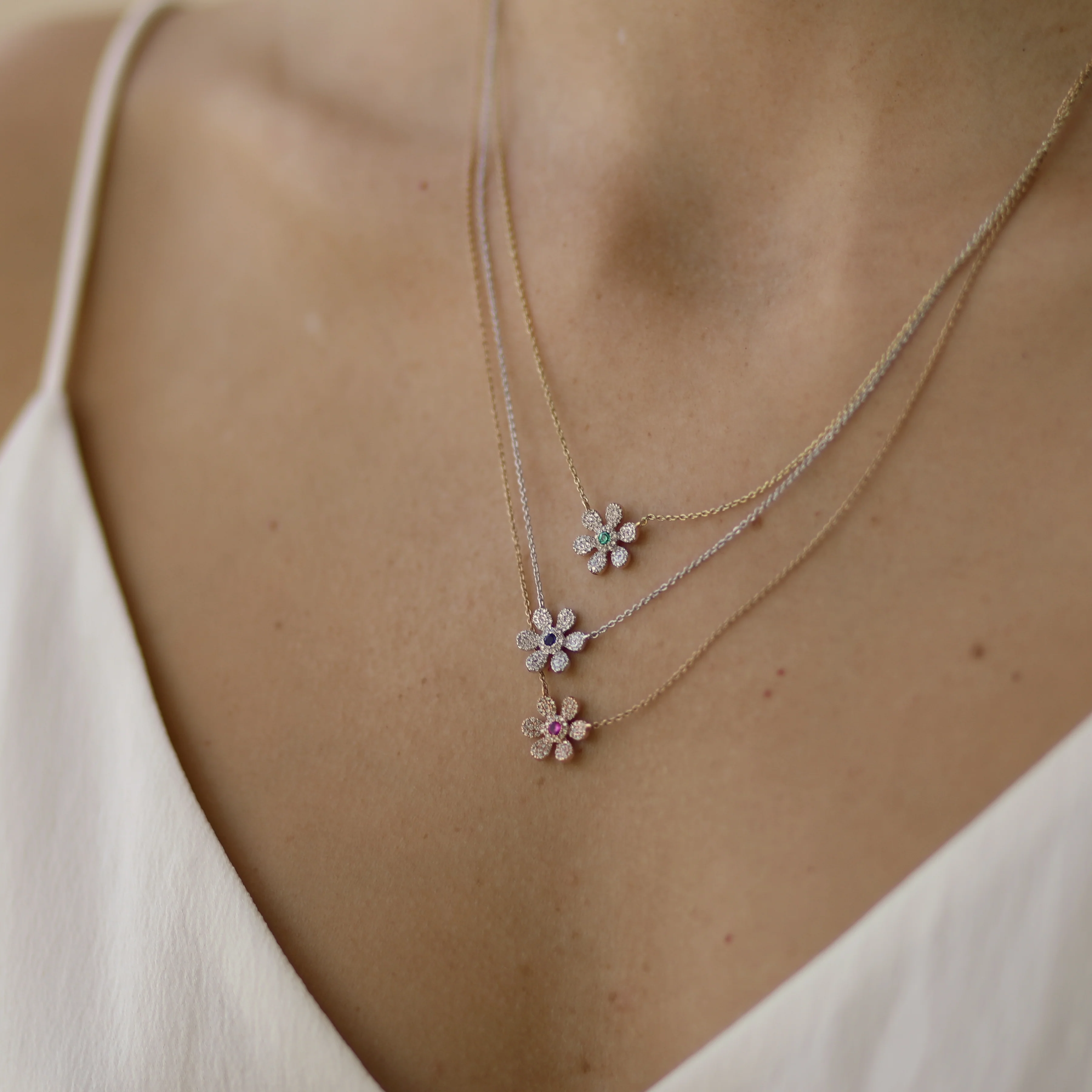 White Gold Sapphire Diamond Pavé Flower Necklace - Image 7