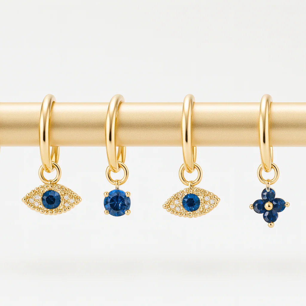 Yellow Gold Prong Set Sapphire Charm Hoop - Image 3